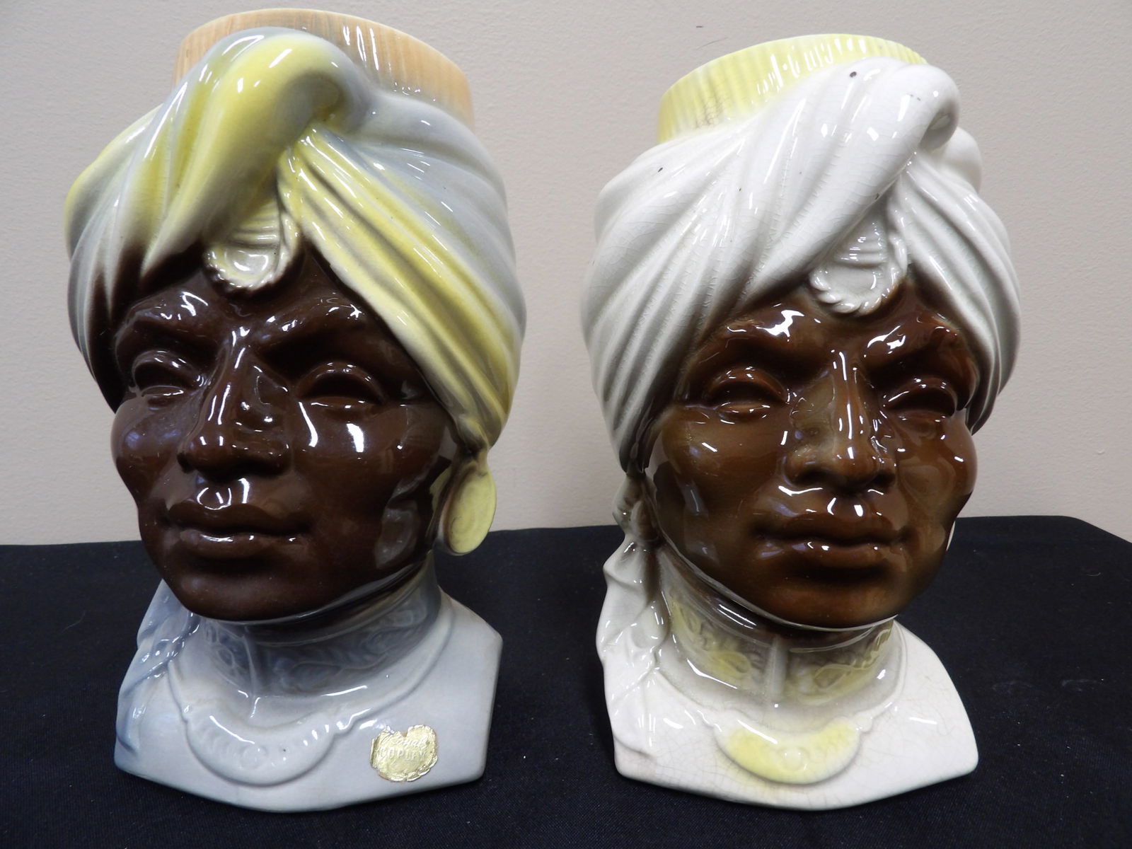 pair 1950s Royal Copley ceramic Blackamoor Sultan wall pockets: Approx. 8 inches height.