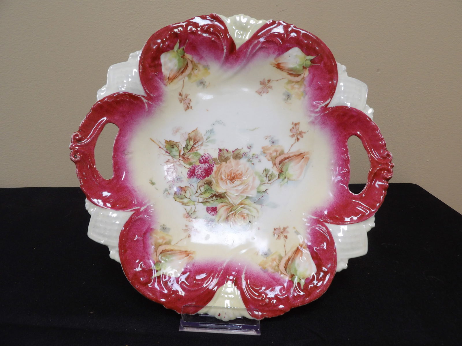 antique Bavaria porcelain cake plate with handles and hand painted rose signed (1 of 5)