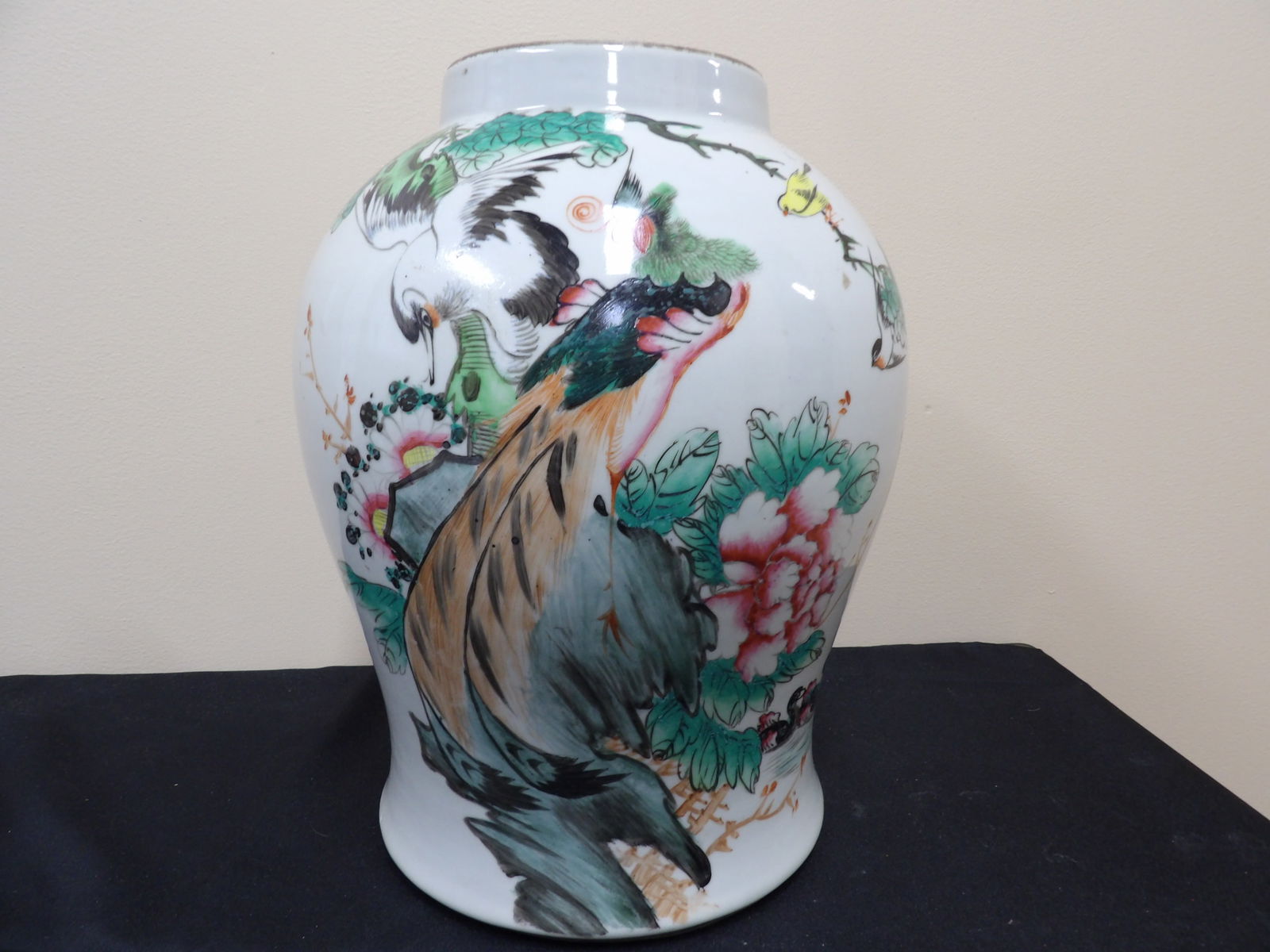 fine chinese hand painted porcelain jar with birds flowers motif and Chinese calligraphy (1 of 8)