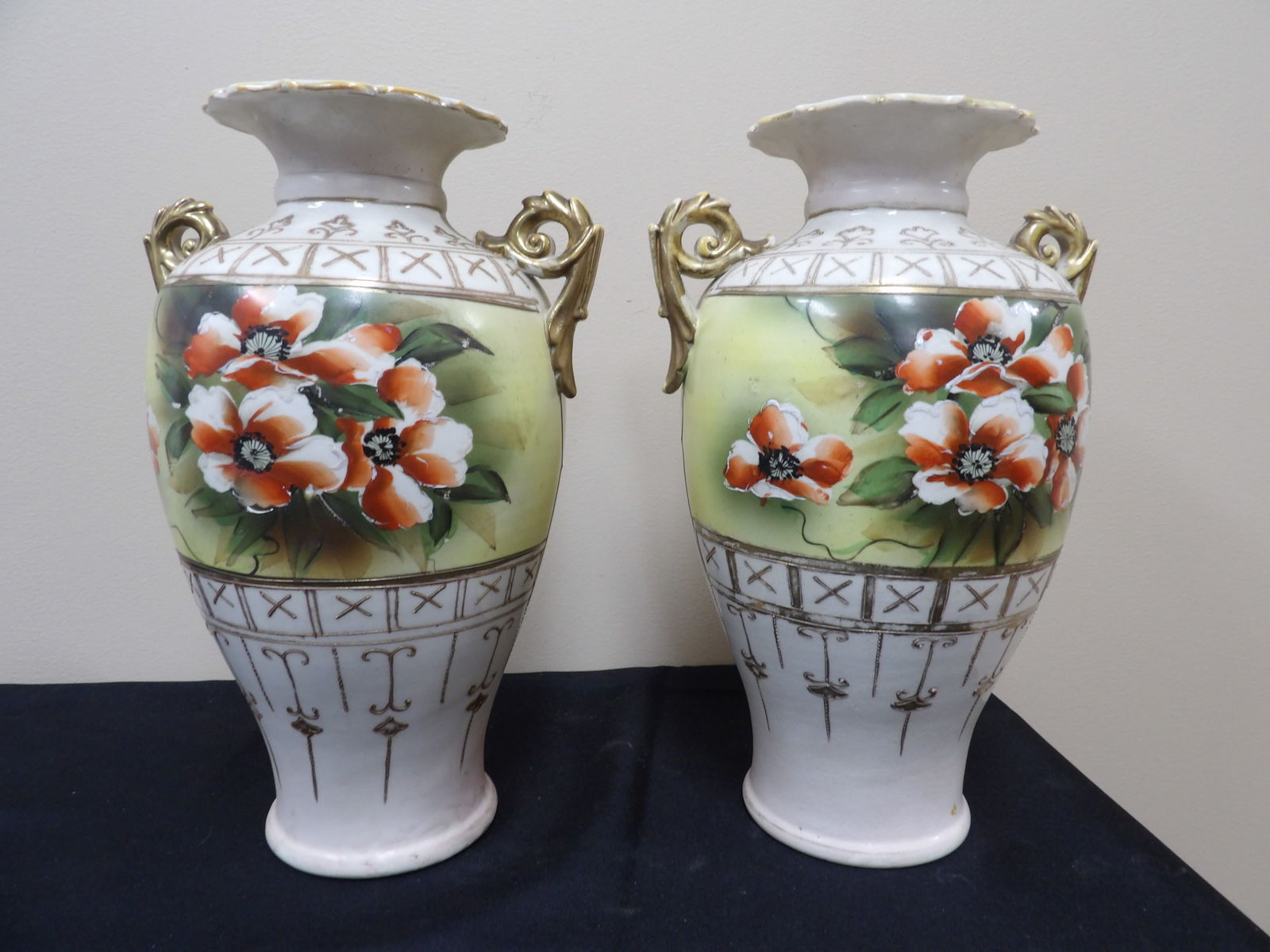 pair of antique hand painted Nippon vases with floral motif and gold handles (1 of 7)