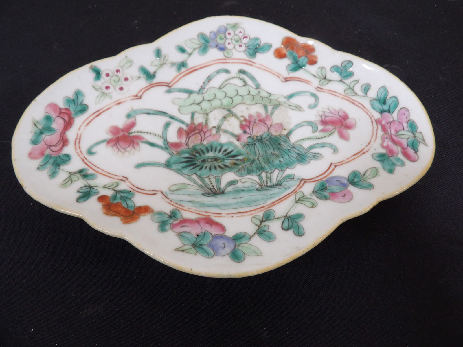 antique Chinese porcelain footed plate with floral and bat motifs (1 of 4)