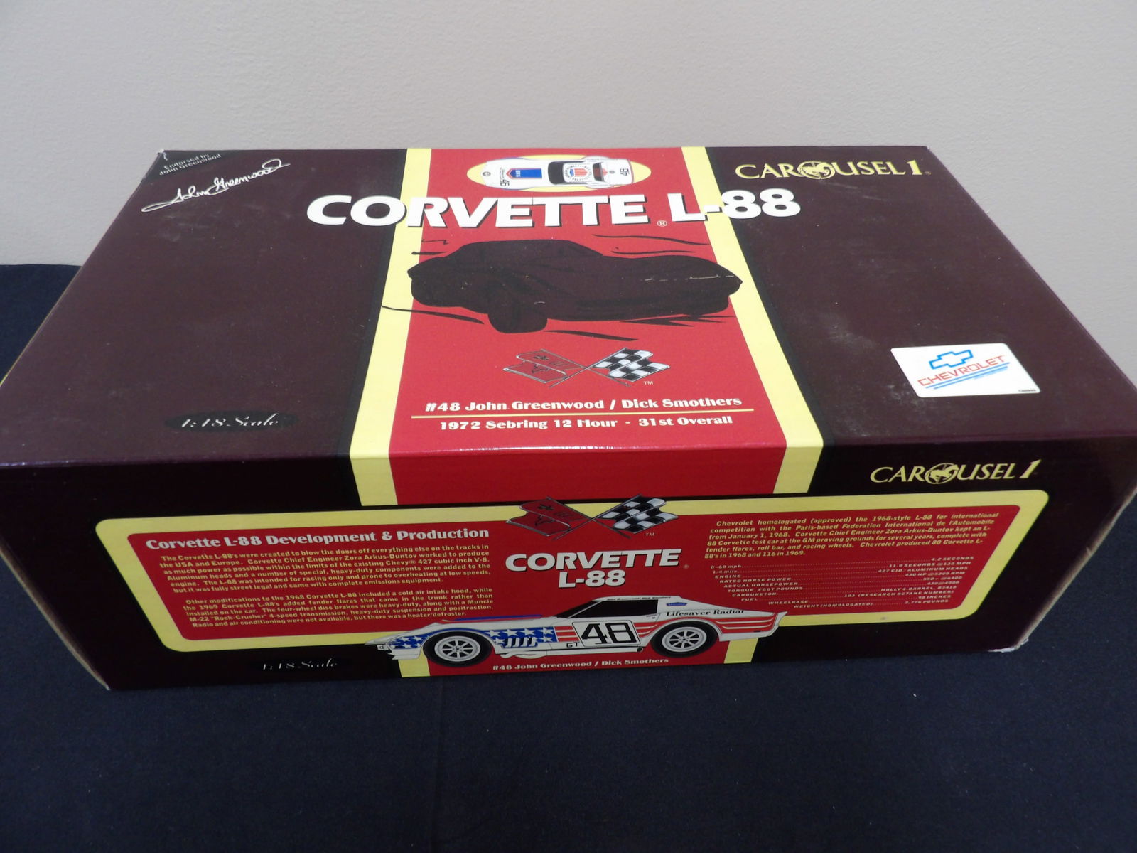 Carousel Chevrolet Corvette L-88 John Greewood/Dick Somthers: 9.5 inches length scale car in 13.5 inches length box.