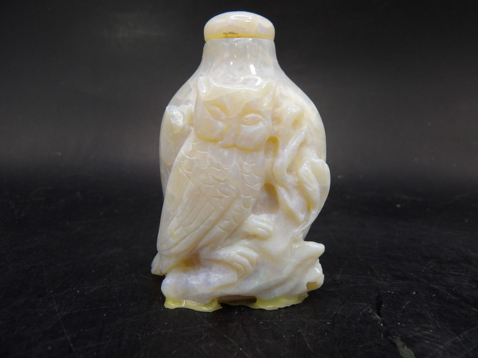 Chinese carved opal snuff bottle with raised owl motif: 2.4 inches height.