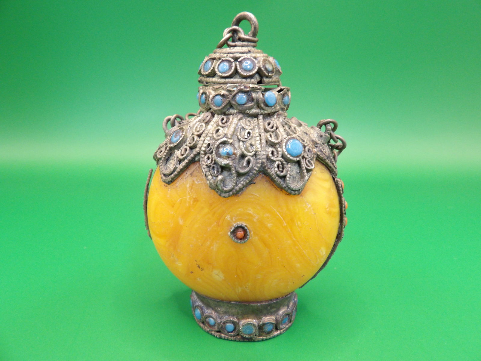 19th century Tibetan Chinese amber snuff bottle with inlaid details (1 of 6)