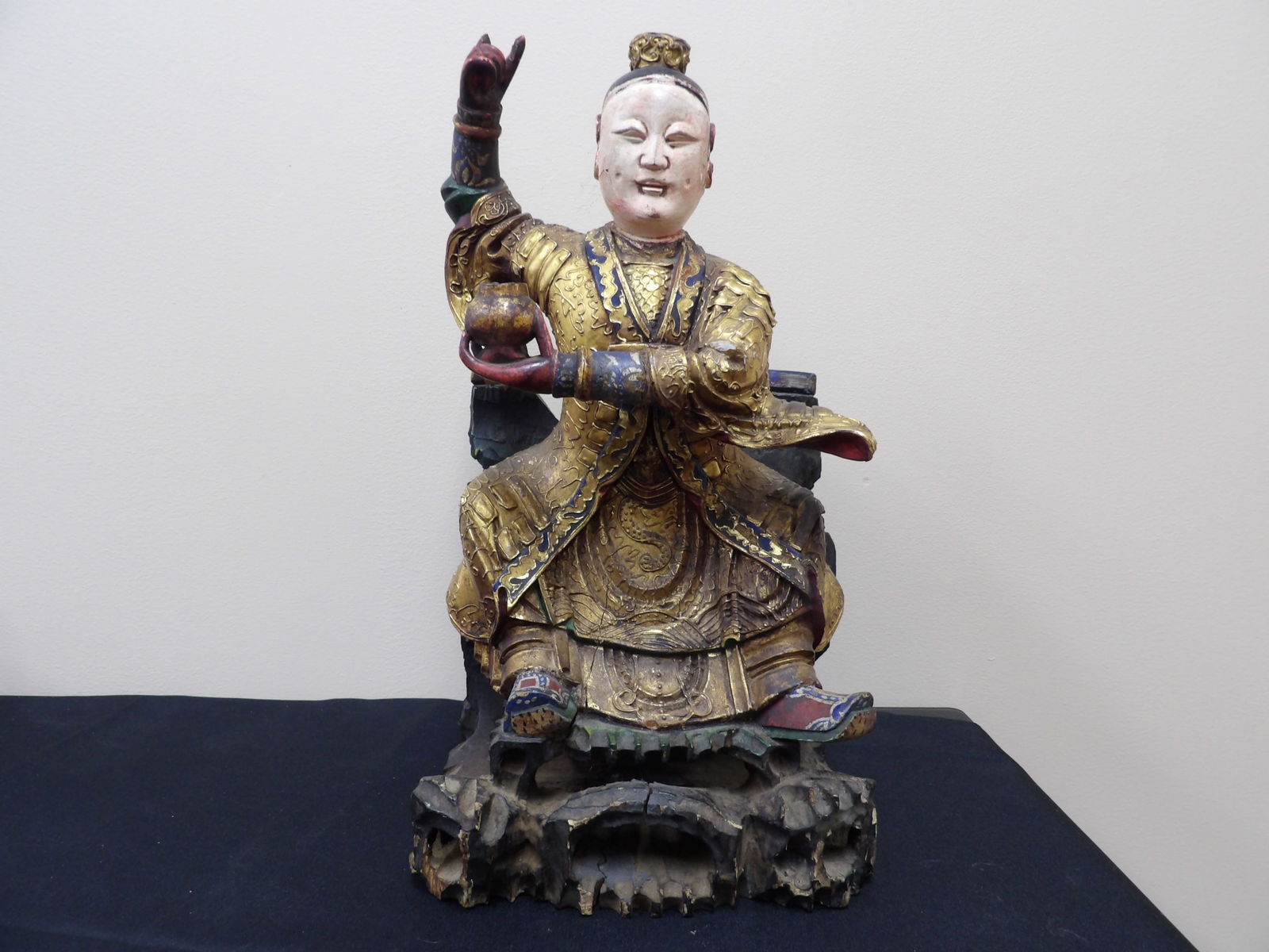 antique Chinese Qing dynasty carved gilt wooden figure of a seated deity (1 of 7)