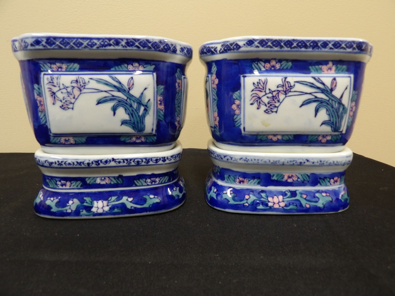 pair of Chinese porcelain planters with matching porcelain bases (1 of 4)