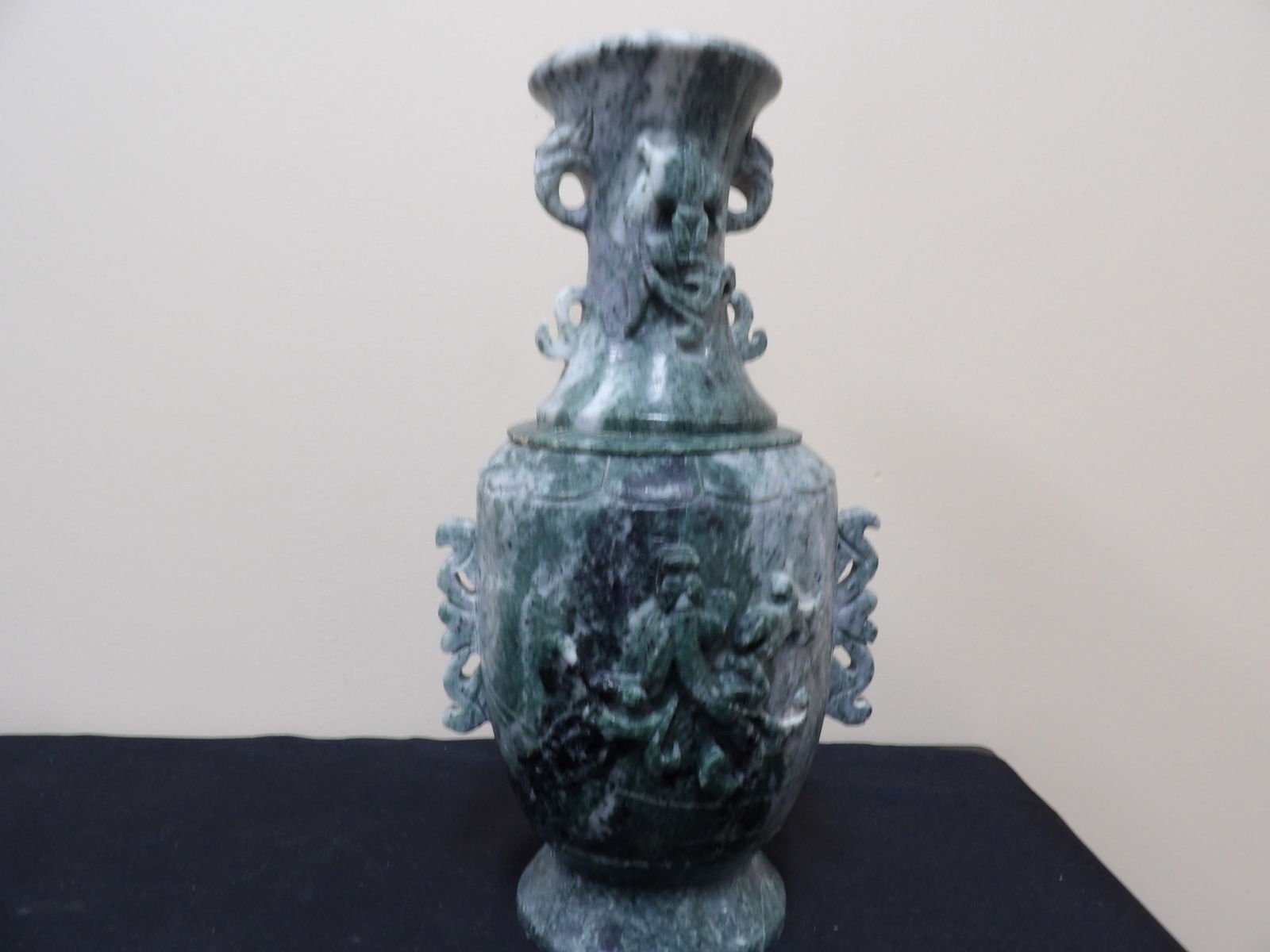 Chinese heavy jade/stone carved vase with raised Chilong motif over 10 lbs (1 of 8)