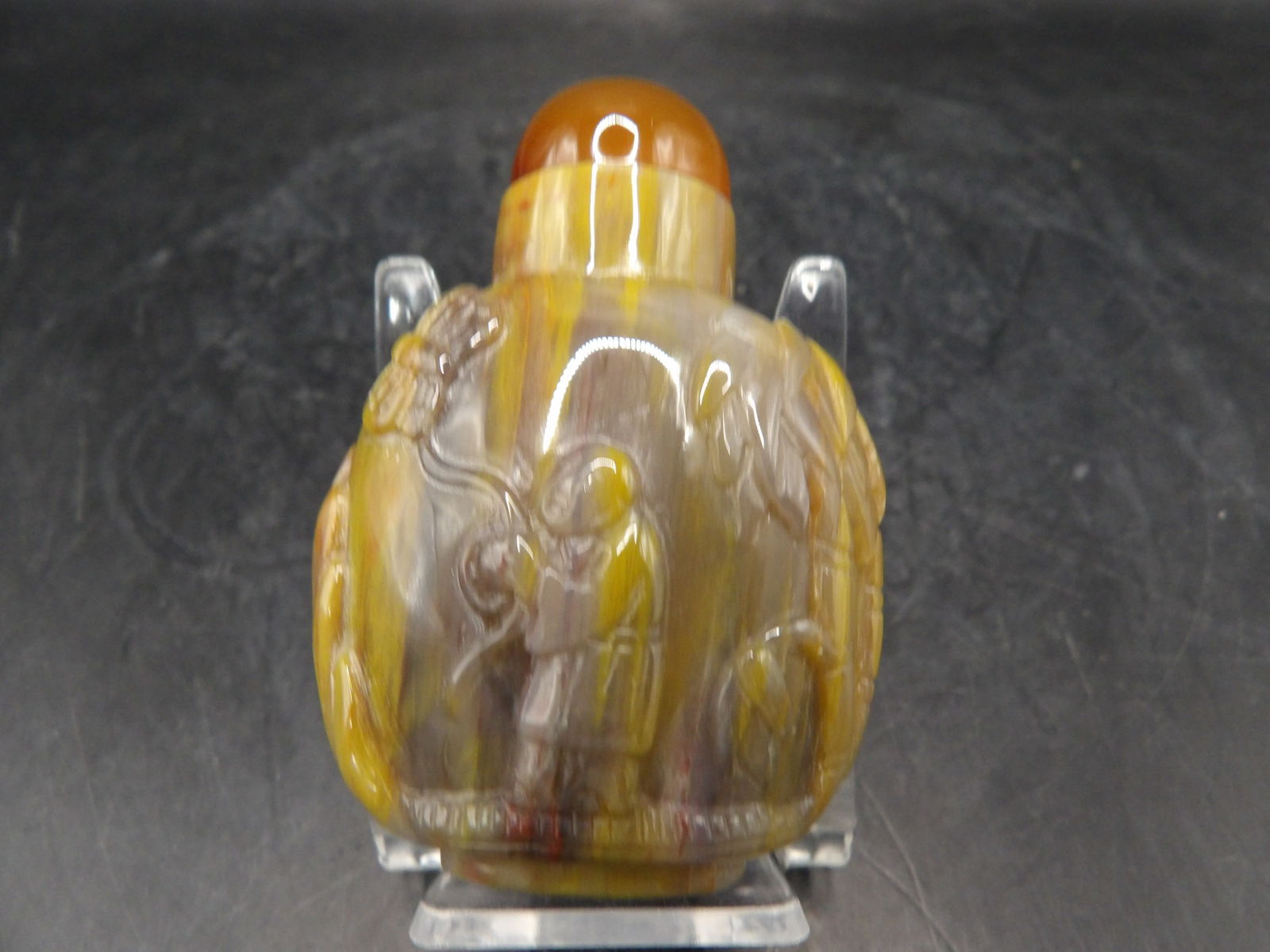 fine quality Chinese Qing dynasty carved agate snuff bottle with raised boy and scenery motifs: 2.4 inches height.