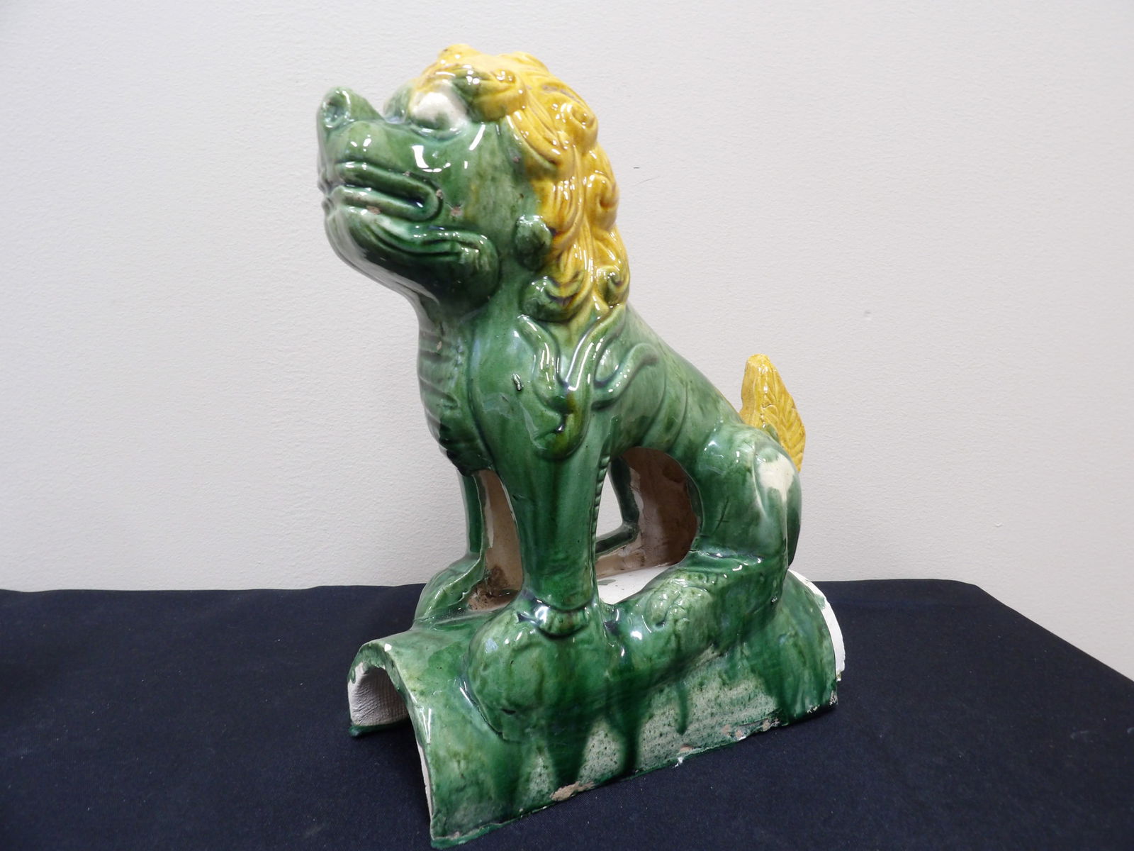Chinese green and yellow glazed guardian lion roof tile (1 of 6)