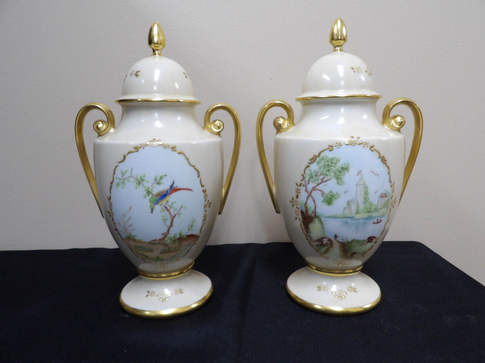 lot of 2 ornate gold gilt lidded urns with birds flowers scenic landscape paintings marked (1 of 9)