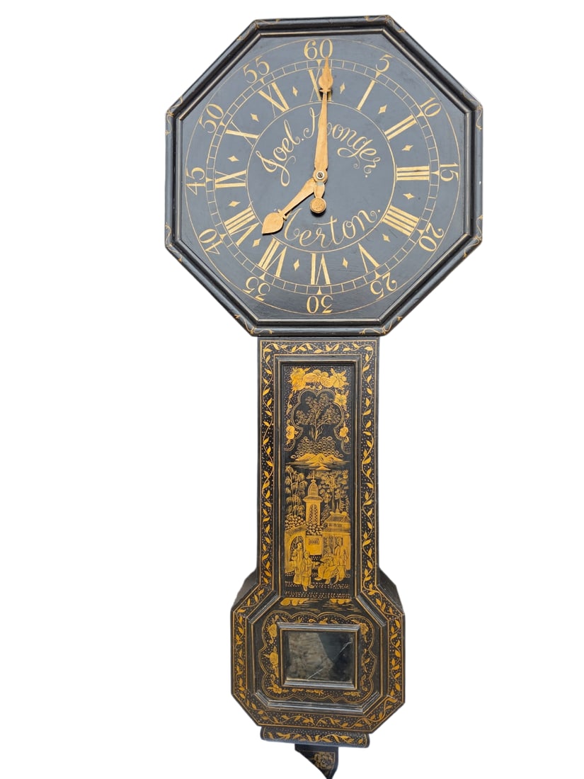 very rare antique English George III Tavern clock Act of Parliament clock by Joel Monger: Circa 1780-1790. Approx. 63 inches height. Wall hanging hook is on the back.