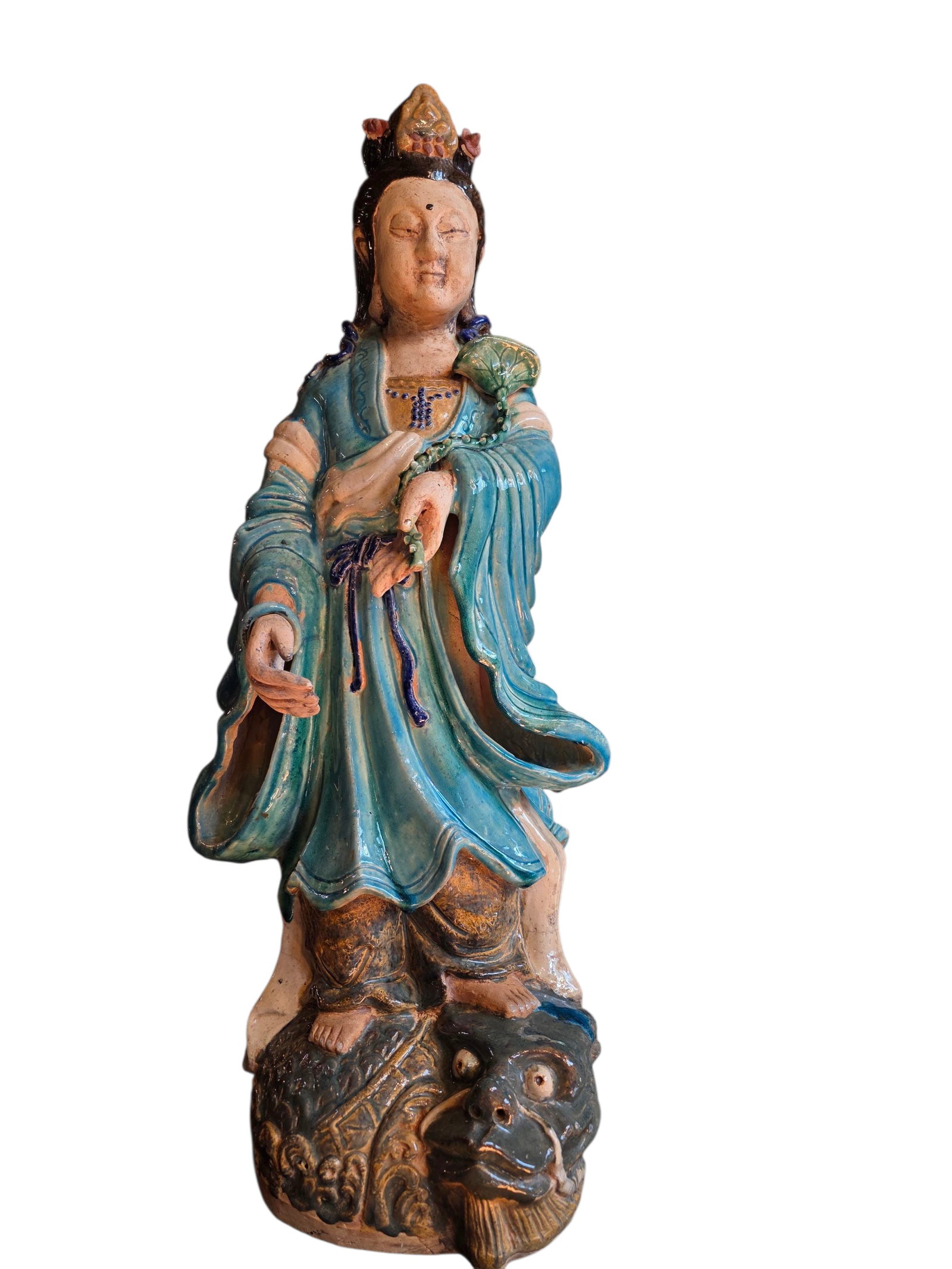 very rare antique 19th century Chinese Shiwan pottery Kwan Yin standing on a beast 33 inches: Fine details. Very large statue 33 inches height. Kwan Yin is holding a scepter and riding a beast.