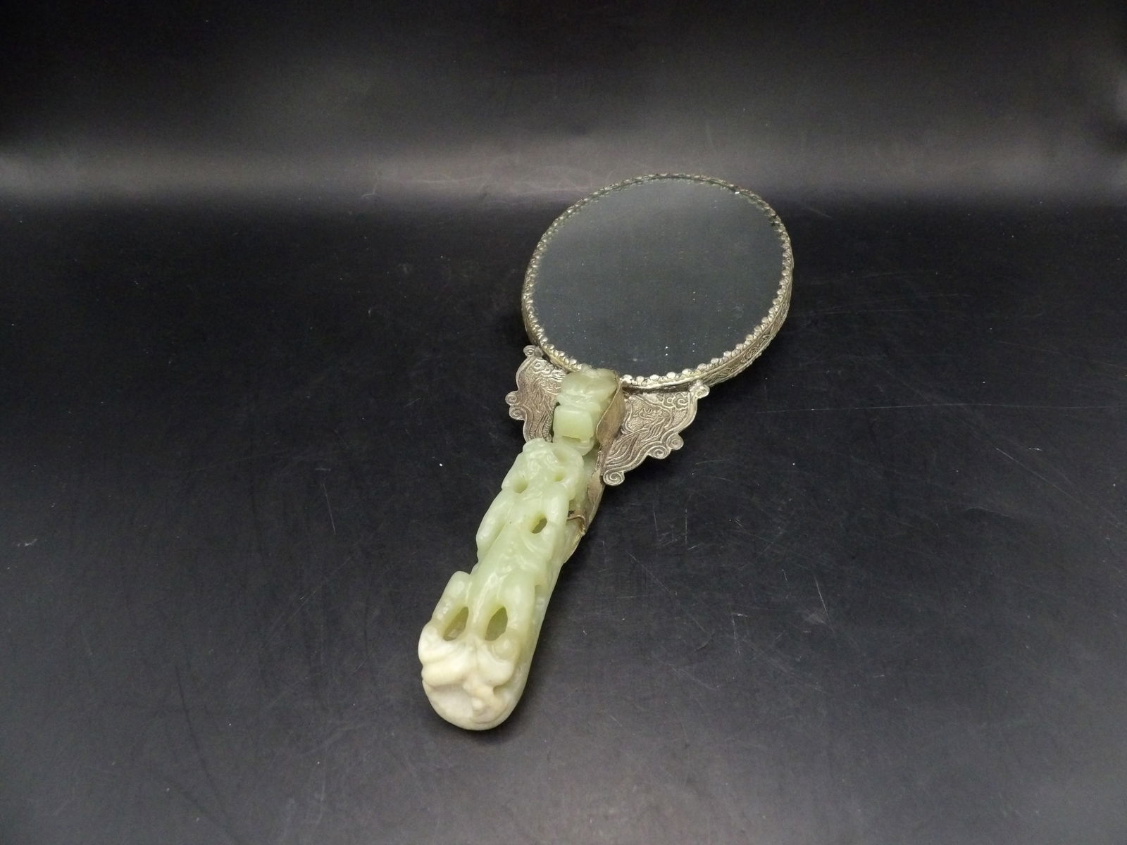 Antique Chinese repousse phoenix mirror with jade dragon belt hook handle: 8.8 inches length. Jade belt hook is 4.2 inches length.