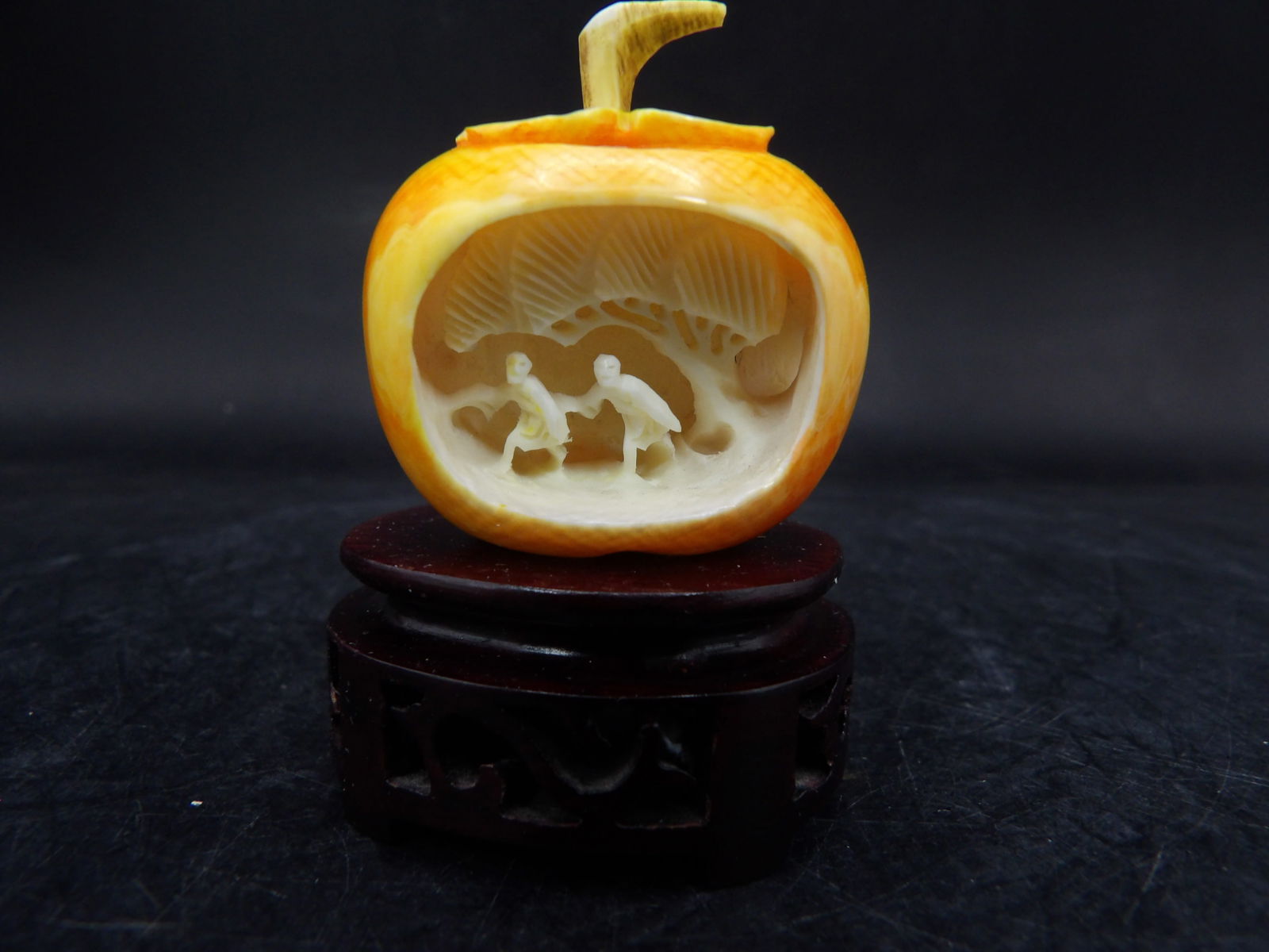 antique Chinese or Japanese polychrome carved miniature apple on wood base: 1.5 inches height not including wooden base. No international shipping.