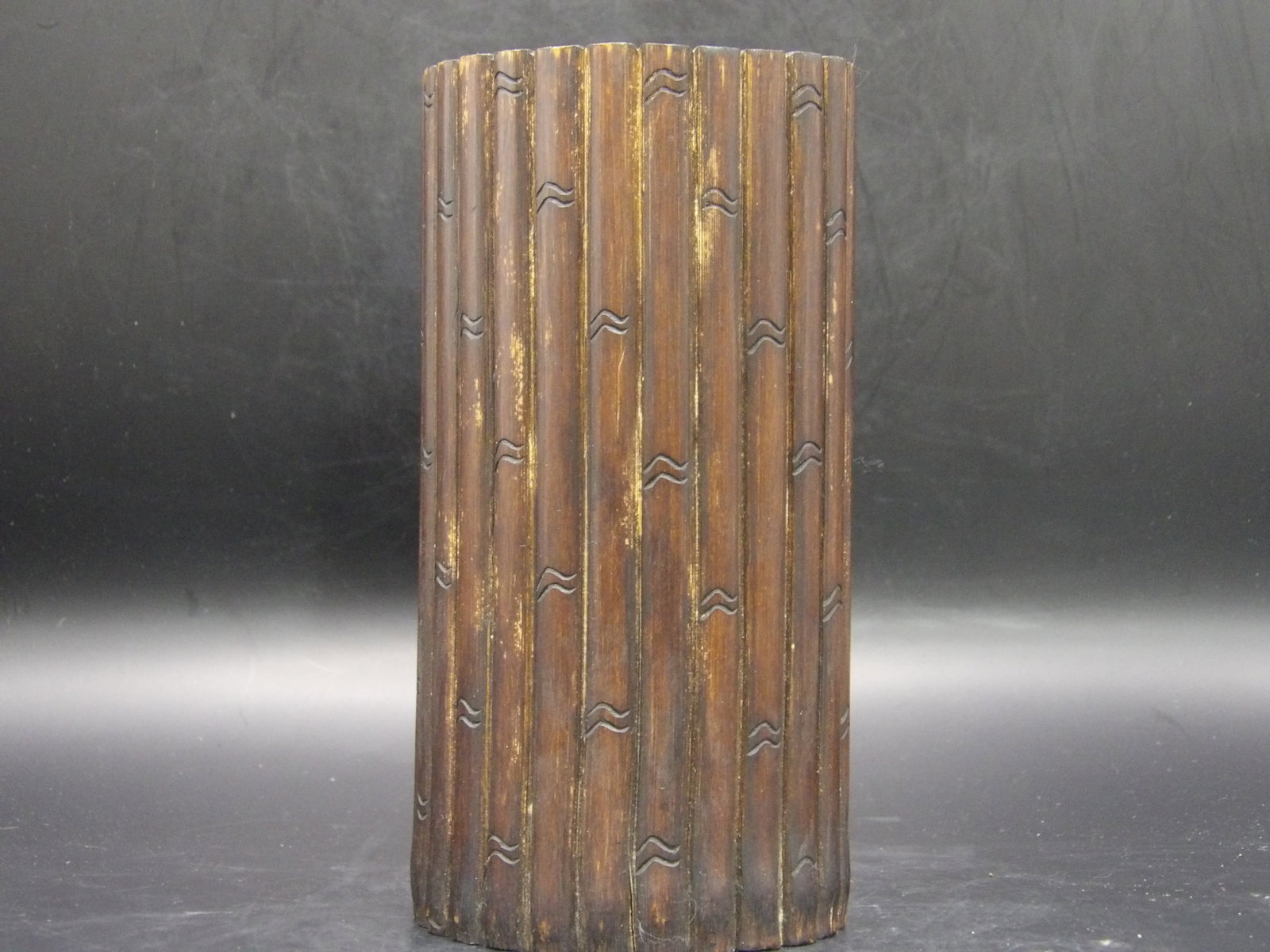 Old Bamboo Brush Holder: 3 x 3 x 6.8 inches. Age related wear and paint loss.