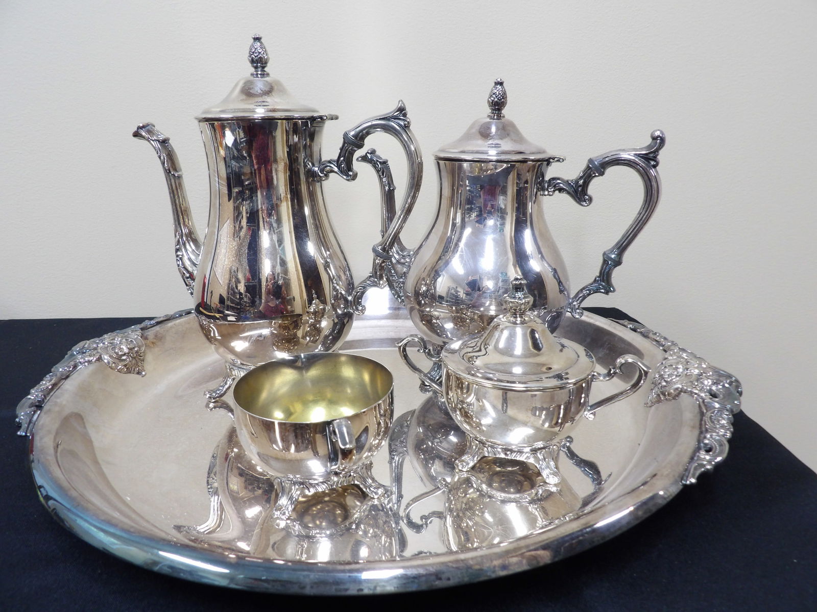 Wallace Baroque Plus 5 PC Silver Plate Tea Serving Set: Large tray is 10 inches length with Wallace Baroque Mark. 5 pc lot.