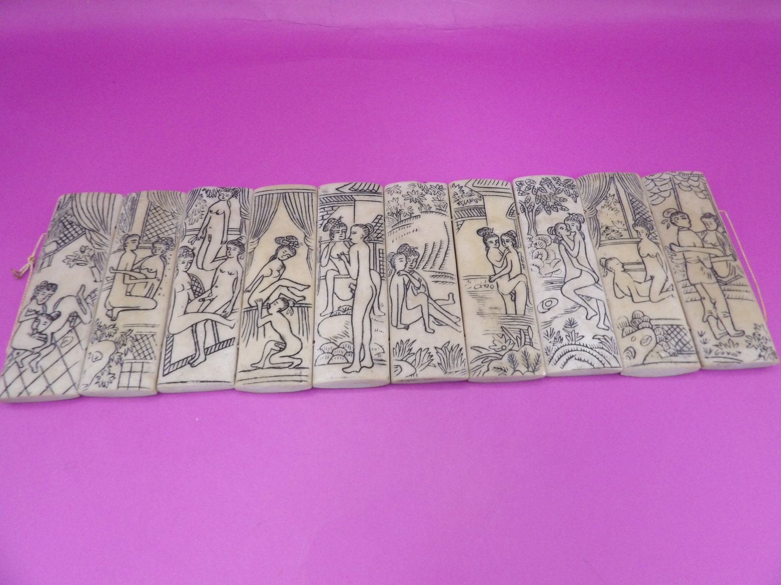 lot of 10 Asian double-sided erotica scrimshaw: 11.2 inches length.