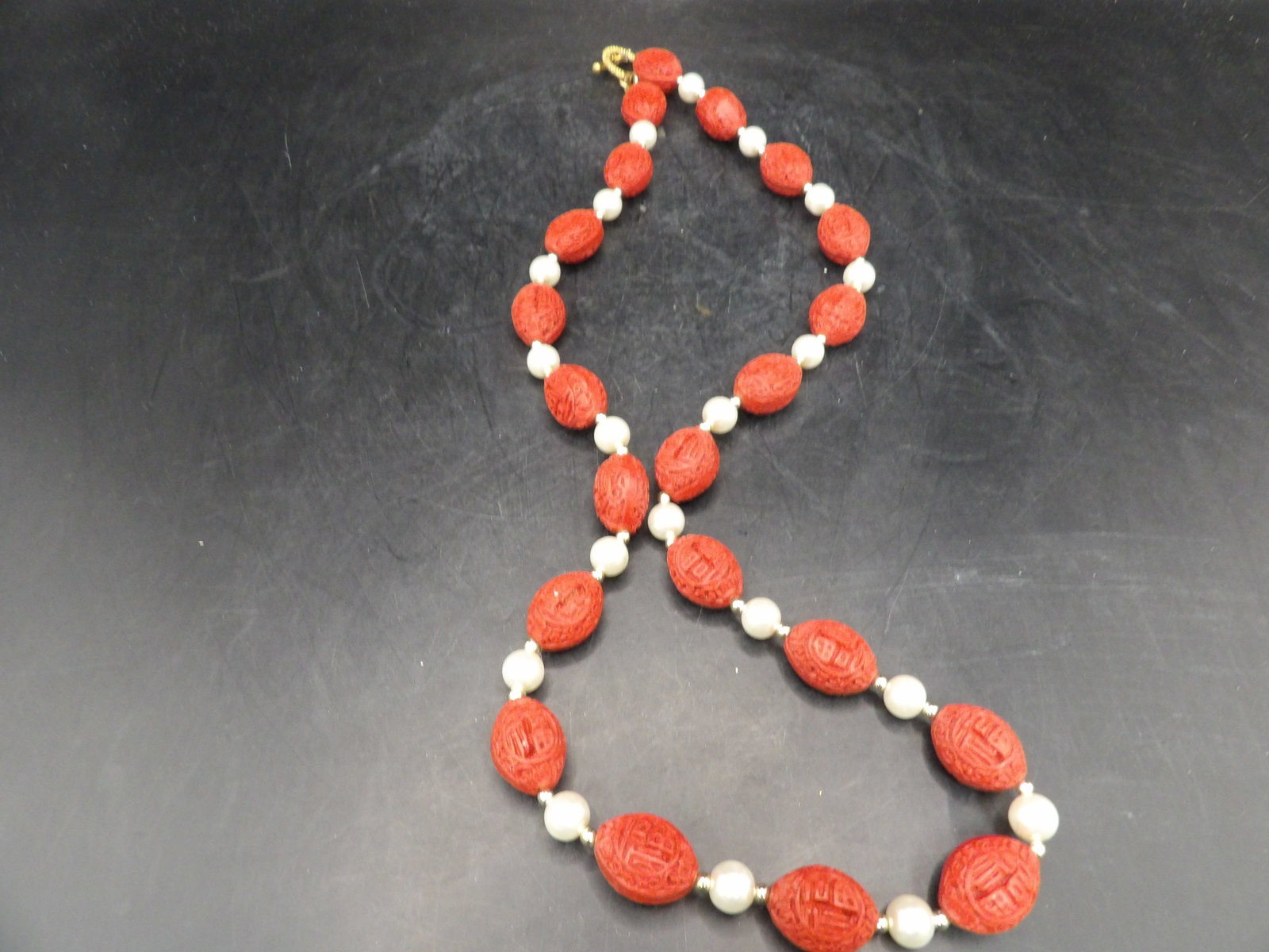 Chinese carved red cinnabar beaded long necklace with Fu character (1 of 4)