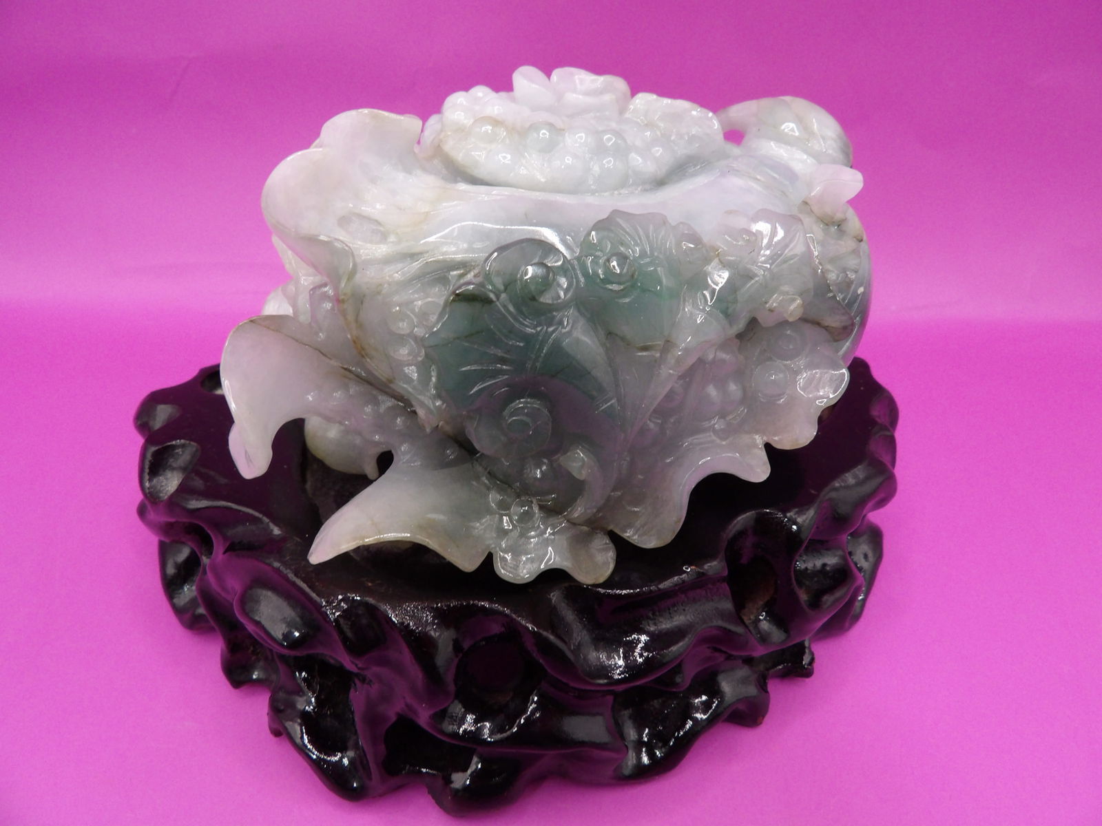 Chinese fine carved jadeite jade cabbage on wood base over 800 grams (1 of 8)