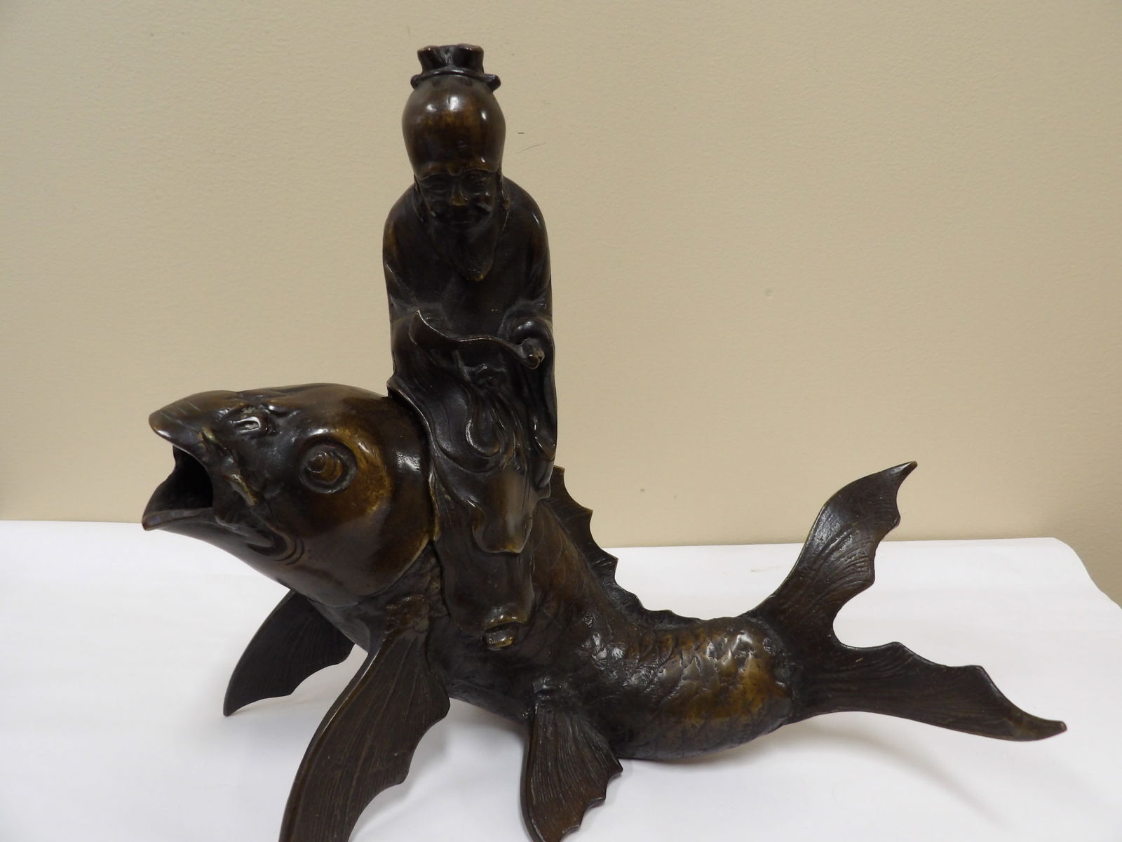 fine Chinese bronze incense burner of Taoist immortal riding a carp 5.9 lbs (1 of 9)