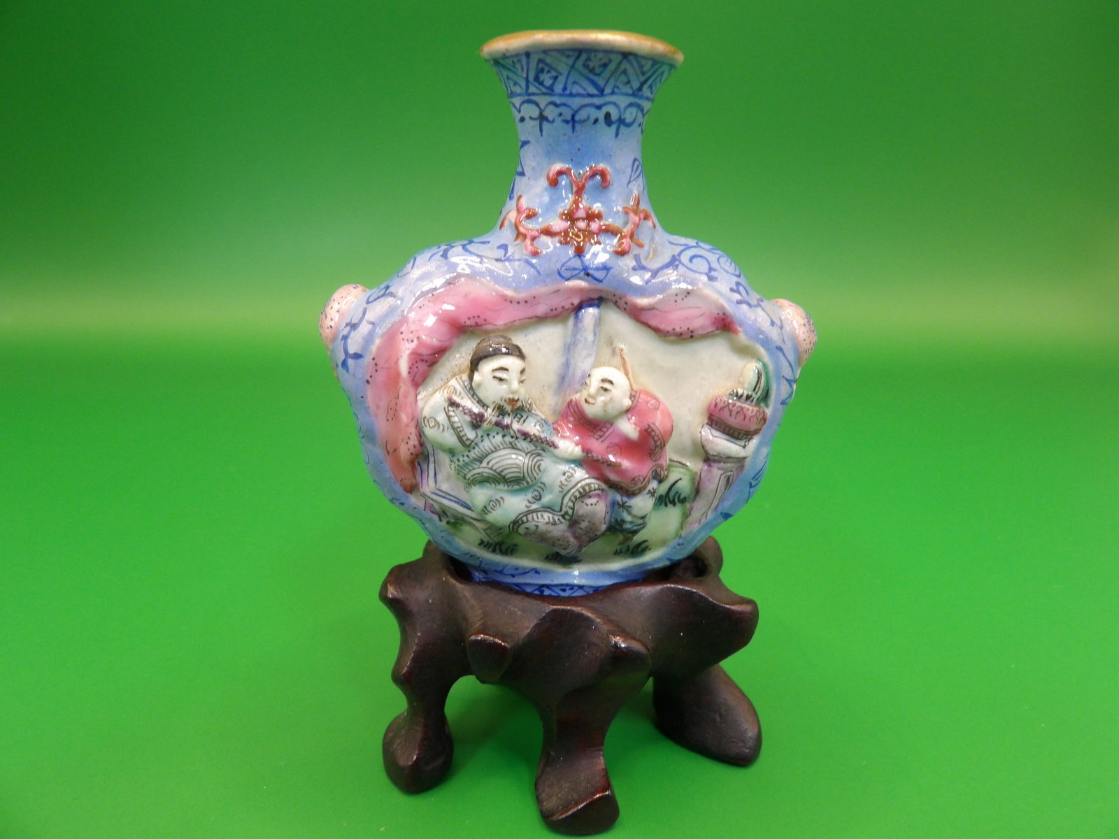 Chinese antique molded porcelain snuff bottle on custom wood base (1 of 7)