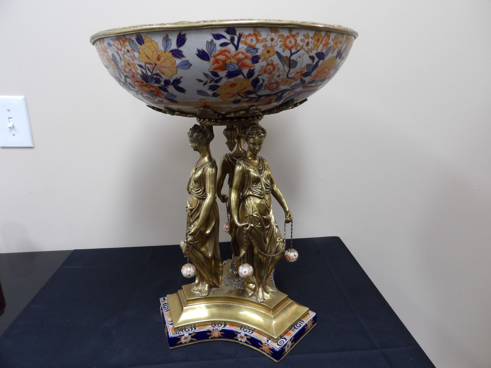 very rare French gilt bronze and porcelain tazza with 3 female figures heavy 46 lbs: Approx size is 16 x 16 x 20.5 inches. Hand painted Imari style porcelain. In mint condition.