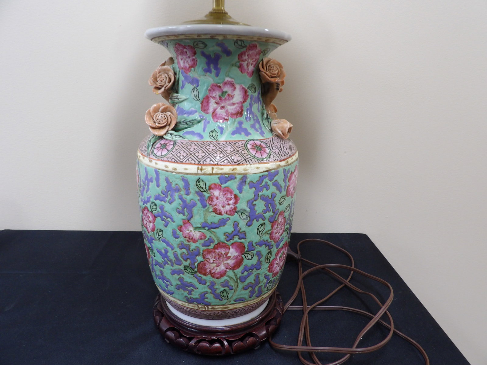Chinese porcelain baluster vase lamp with raised rose decoration (1 of 6)