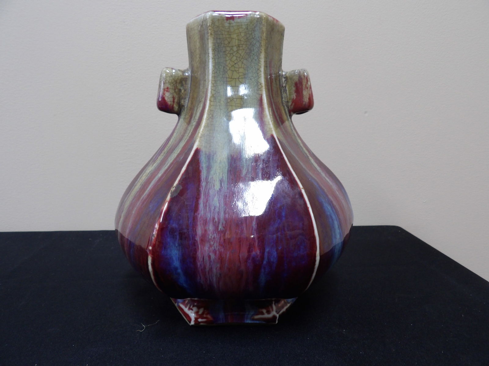 Chinese flambe-glazed hexagonal porcelain vase with ears and Qing dynasty Yongzheng mark (1 of 5)