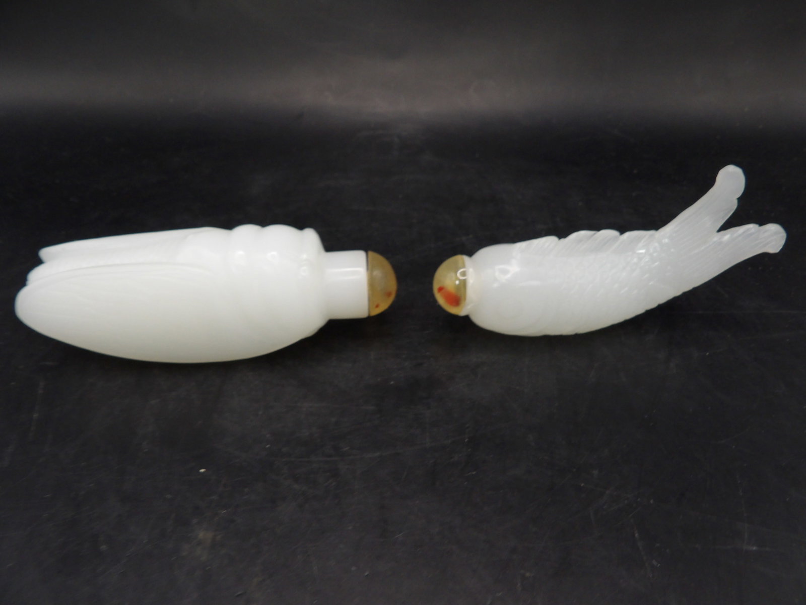lot of 2 Chinese stone carved Cicada and Fish shaped snuff bottles (1 of 8)