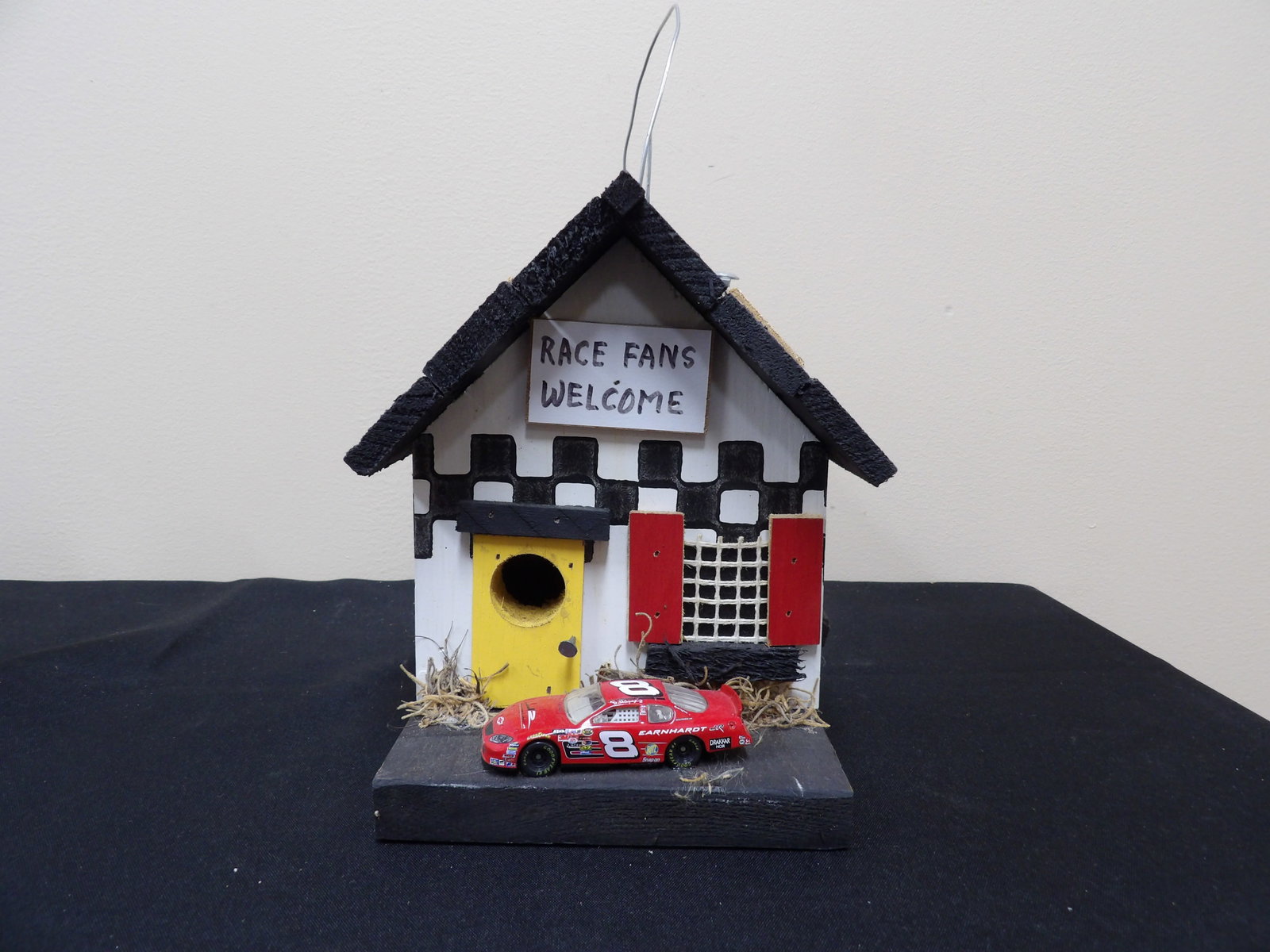 racing shack wooden bird house with Dale Earnhardt's #8 scale car: 8 inches length.