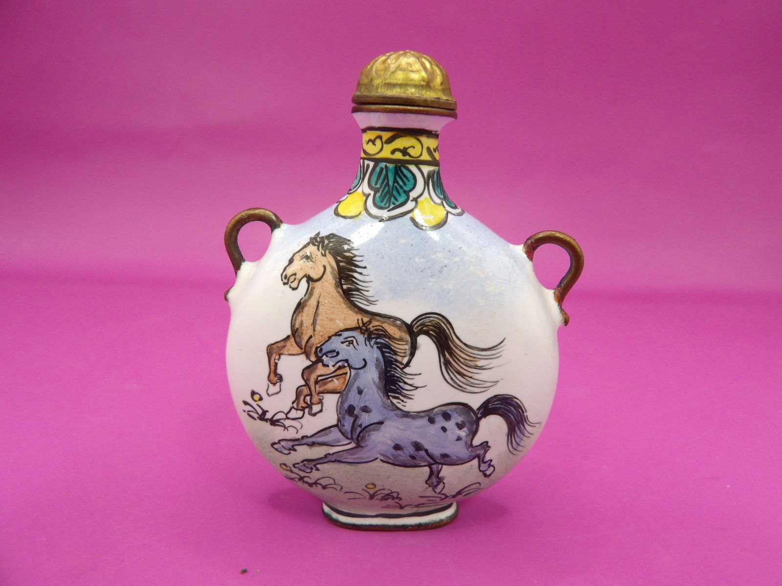 Chinese copper enamel snuff bottle with horse motif and hanging rings used as pendant: 2.5 inches height.
