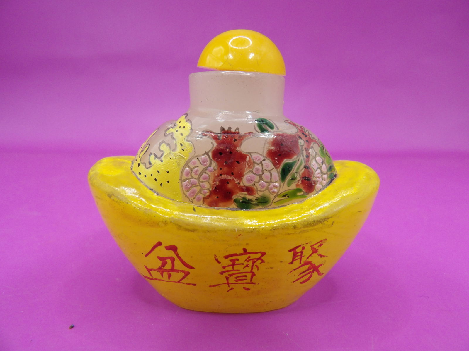 Chinese glass snuff bottle shaped like a gold ingot with painted motifs (1 of 6)