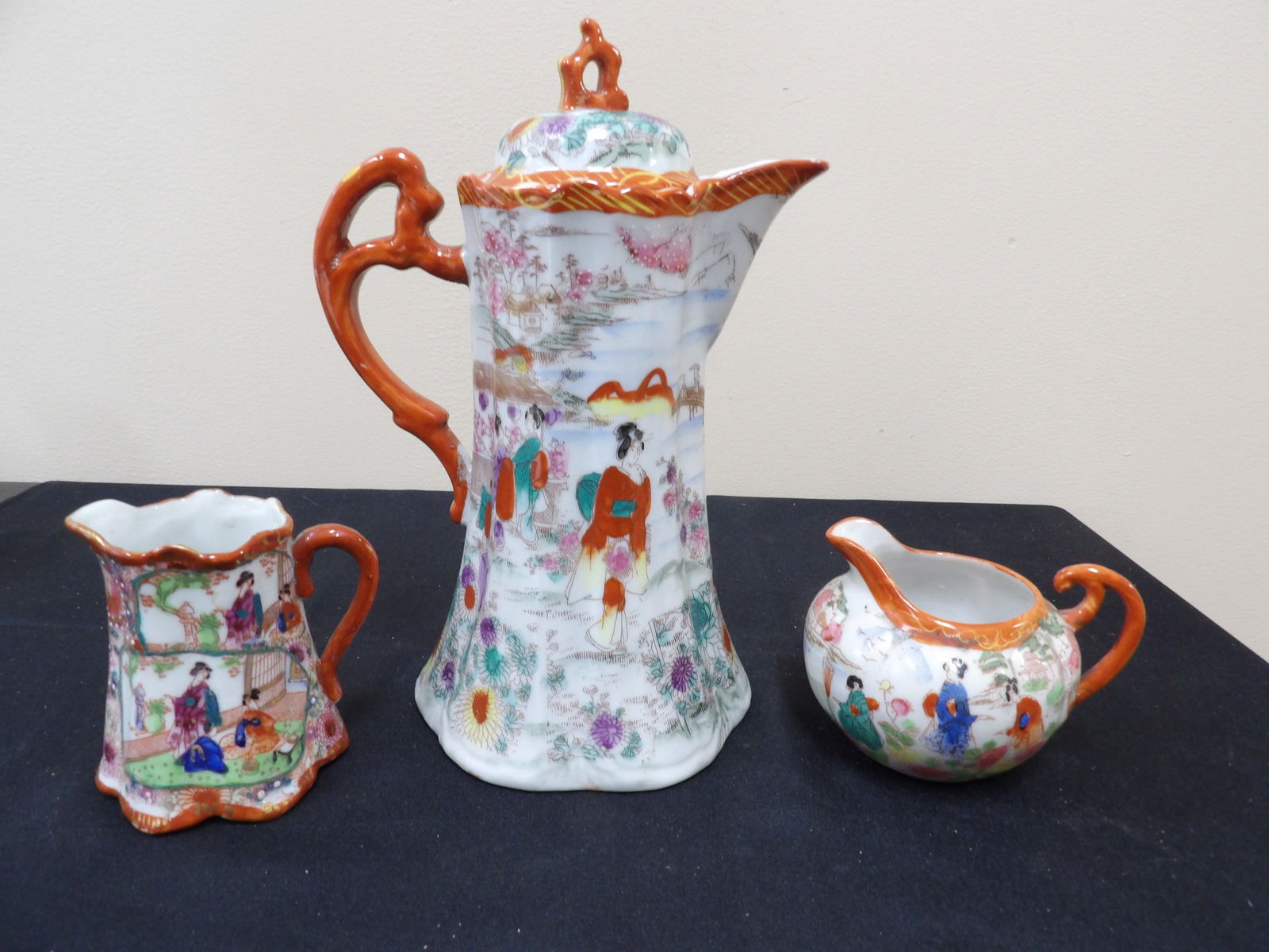 lot of 3 antique Japanese Geisha scene eggshell porcelain teapot and creamer set: Teapot is approx 10 inches height.