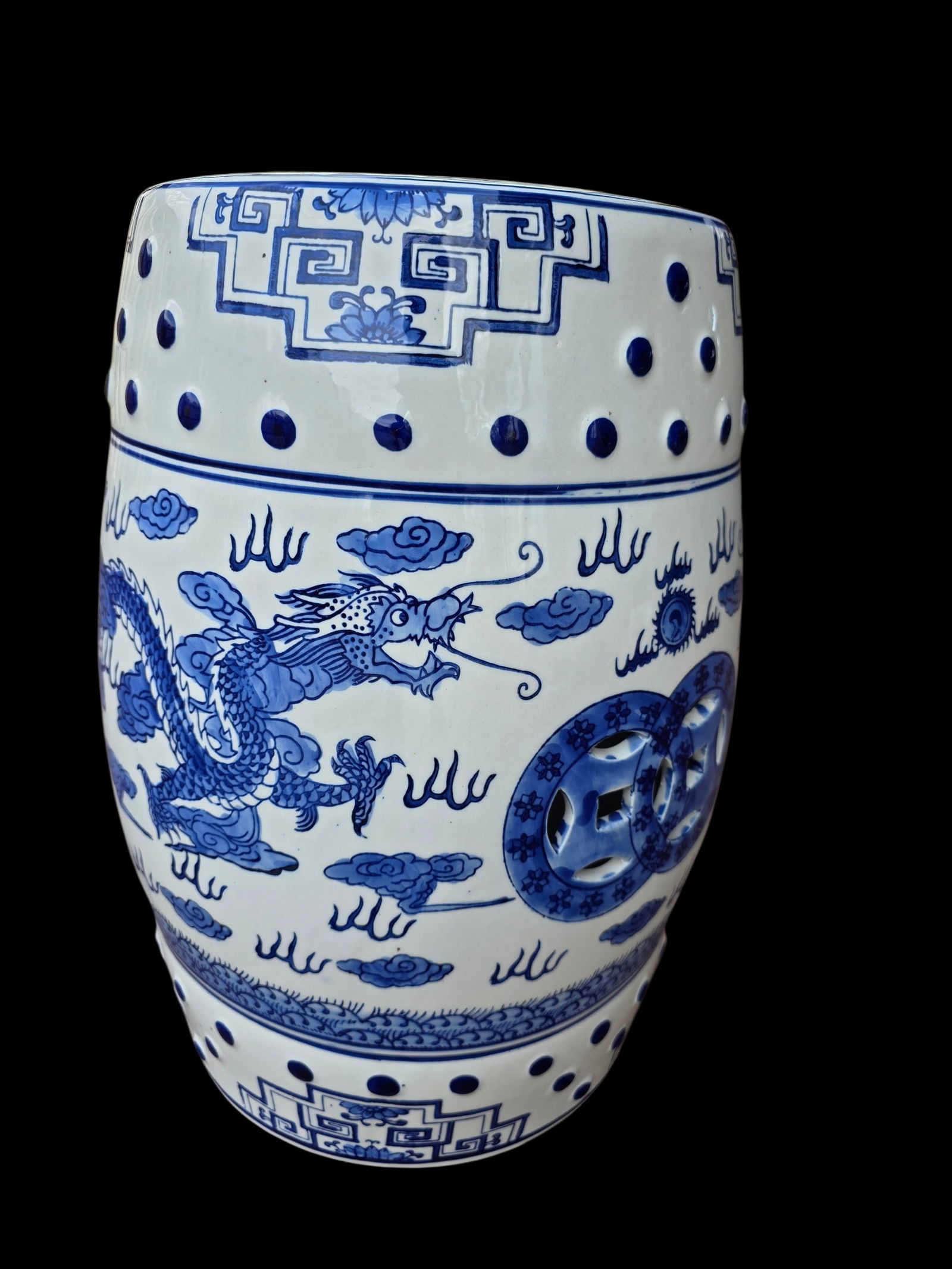 Chinese blue and white porcelain dragon motif garden stool (1 of 7)