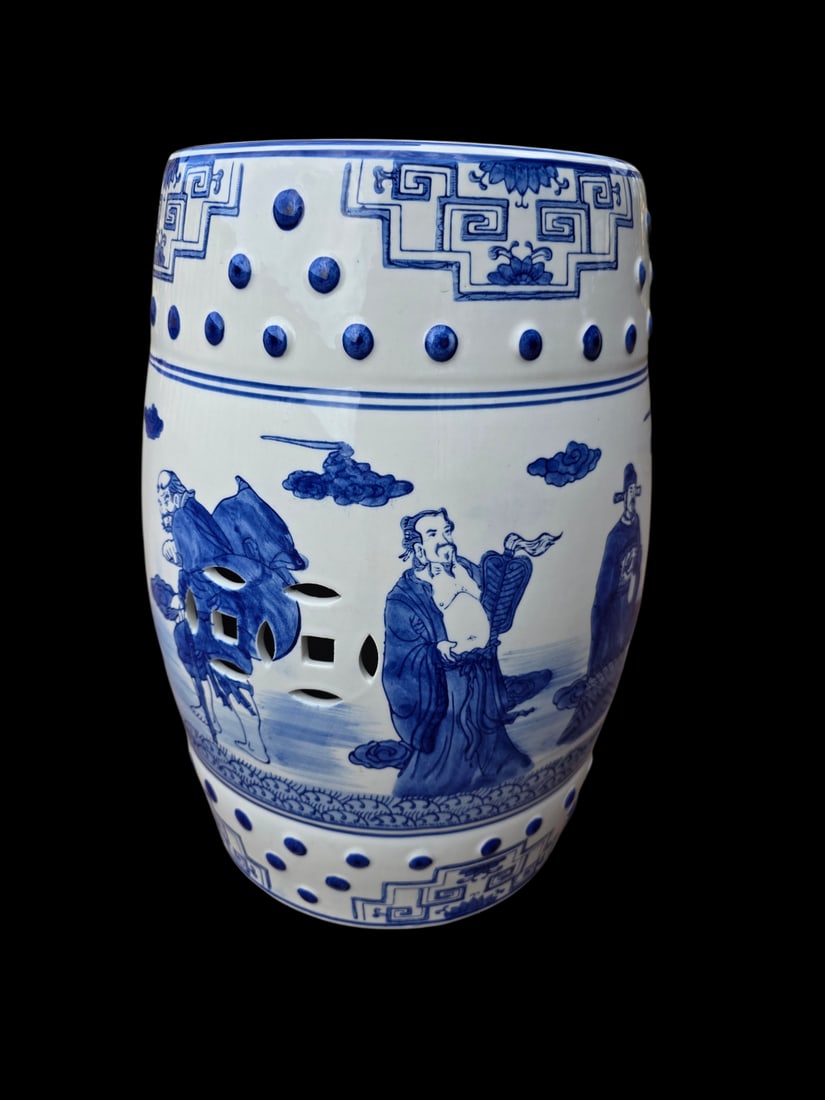 Chinese blue and white porcelain 8 immortals motif garden stool (1 of 10)
