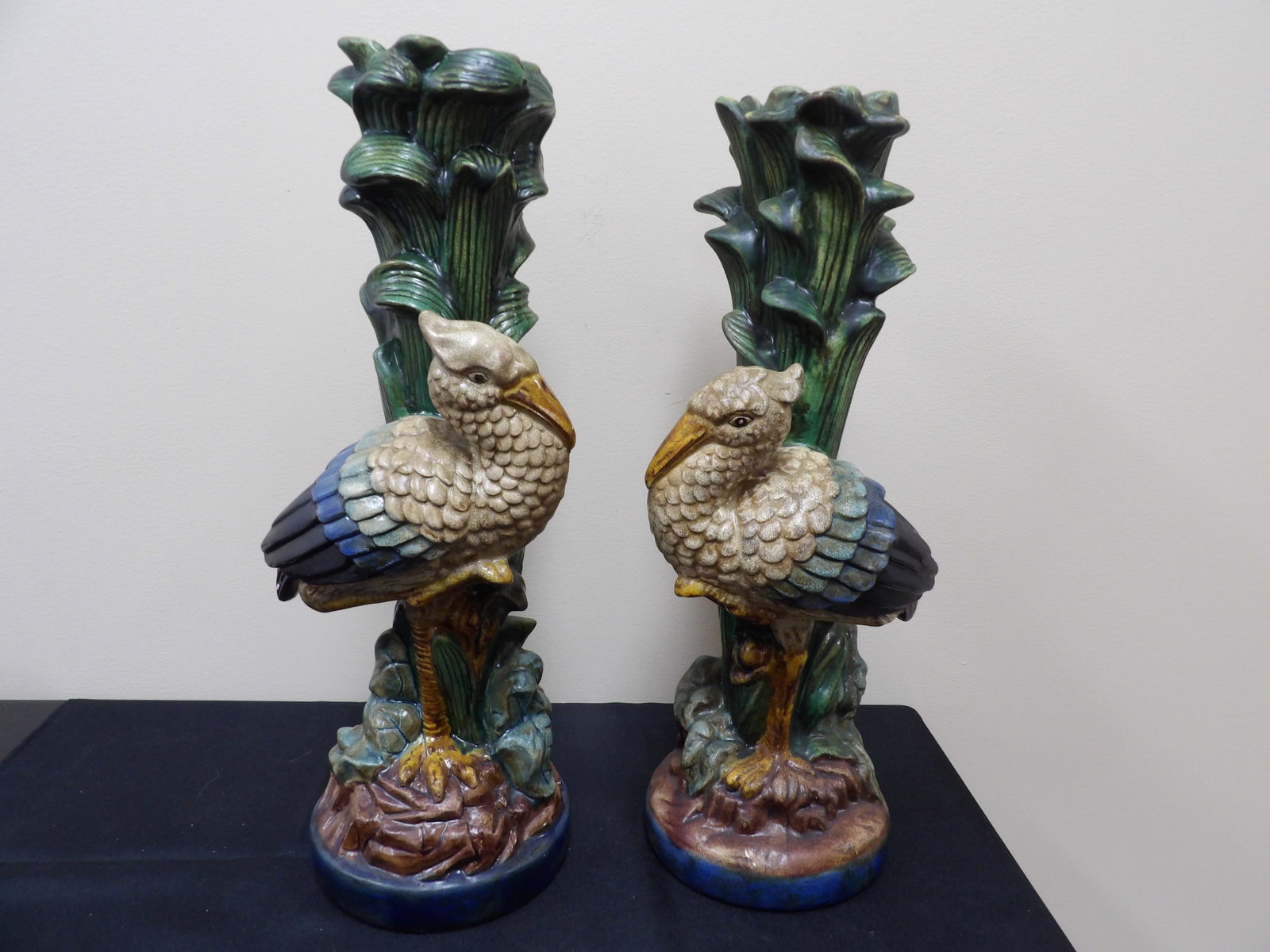 lot of 2 Chinese glazed ceramic stork candle holders: 17 inches height.