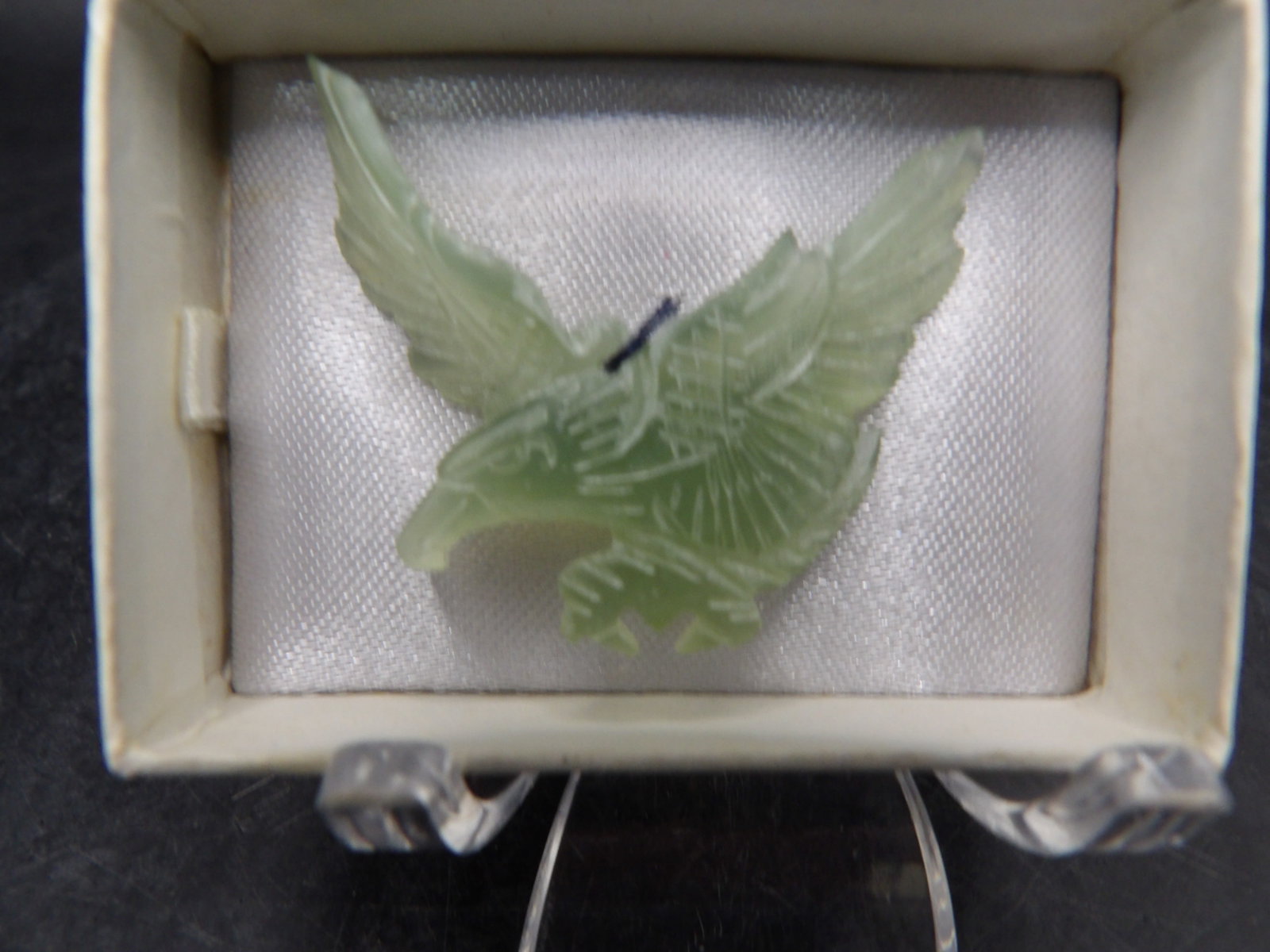 Chinese carved jade/stone Eagle pendant in original box: 1.5 inches length.