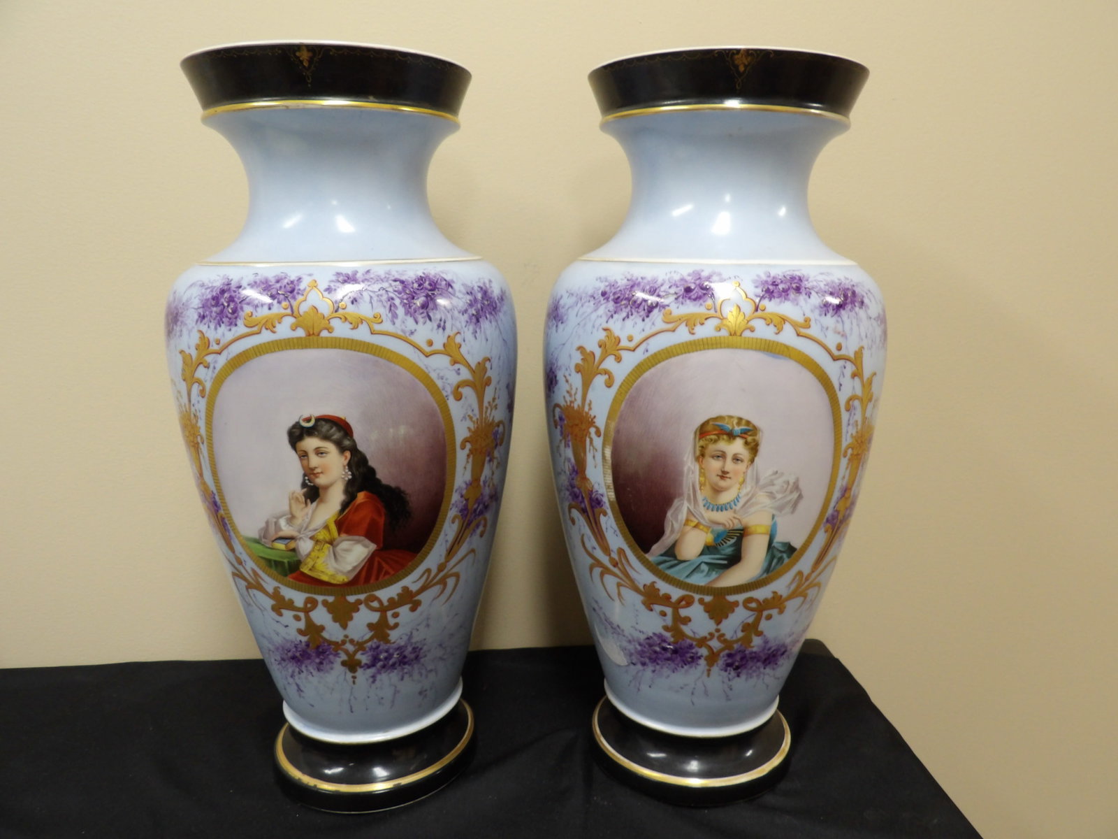 rare pair antique Sevres style or Royal Vienna style large porcelain vases w fine painted portraits (1 of 12)
