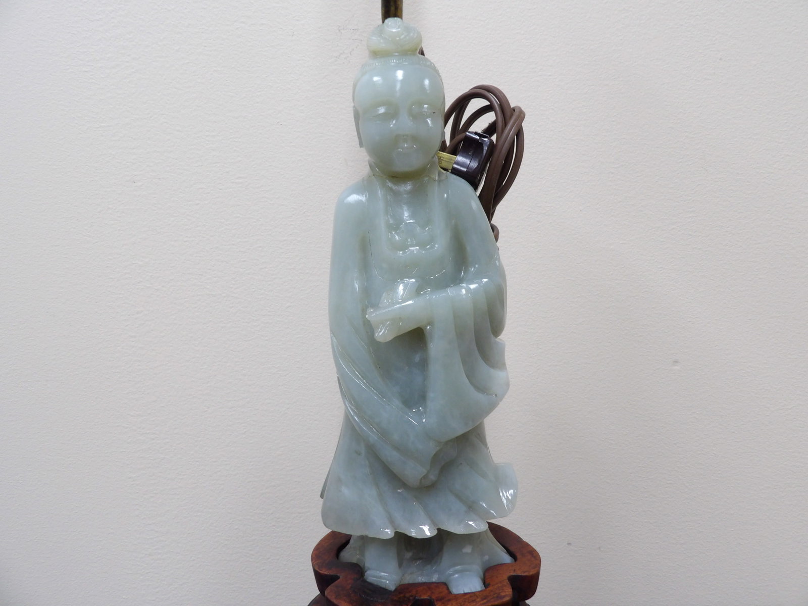 very rare antique Chinese jade carved Kwan Yin lamp: Jade carving is 9 inches height. Entire lamp is 23.4 inches height.