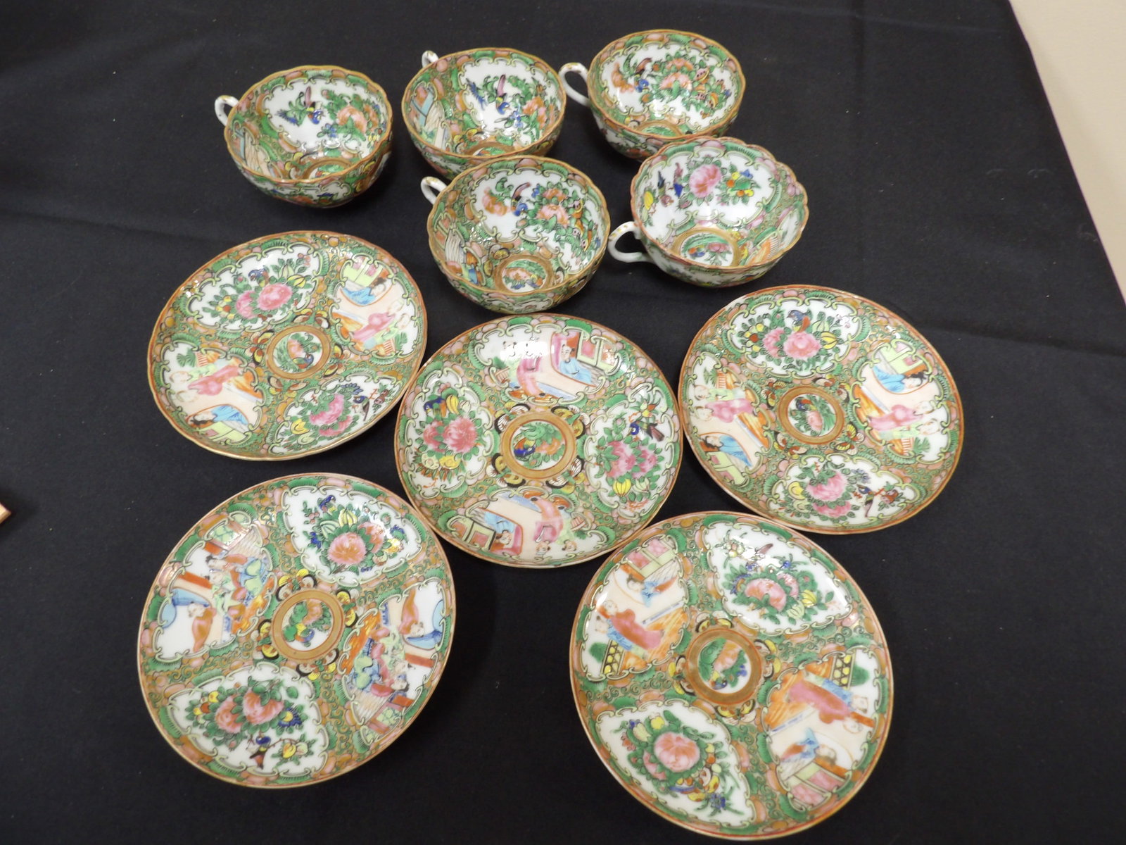 lot of 10 antique Chinese famille rose porcelain teacups and saucers: This lot includes 5 tea cups and 5 saucers. Teacup is 4.3 inches length including handle. Saucer is 5.3 to 5.6 diameter.