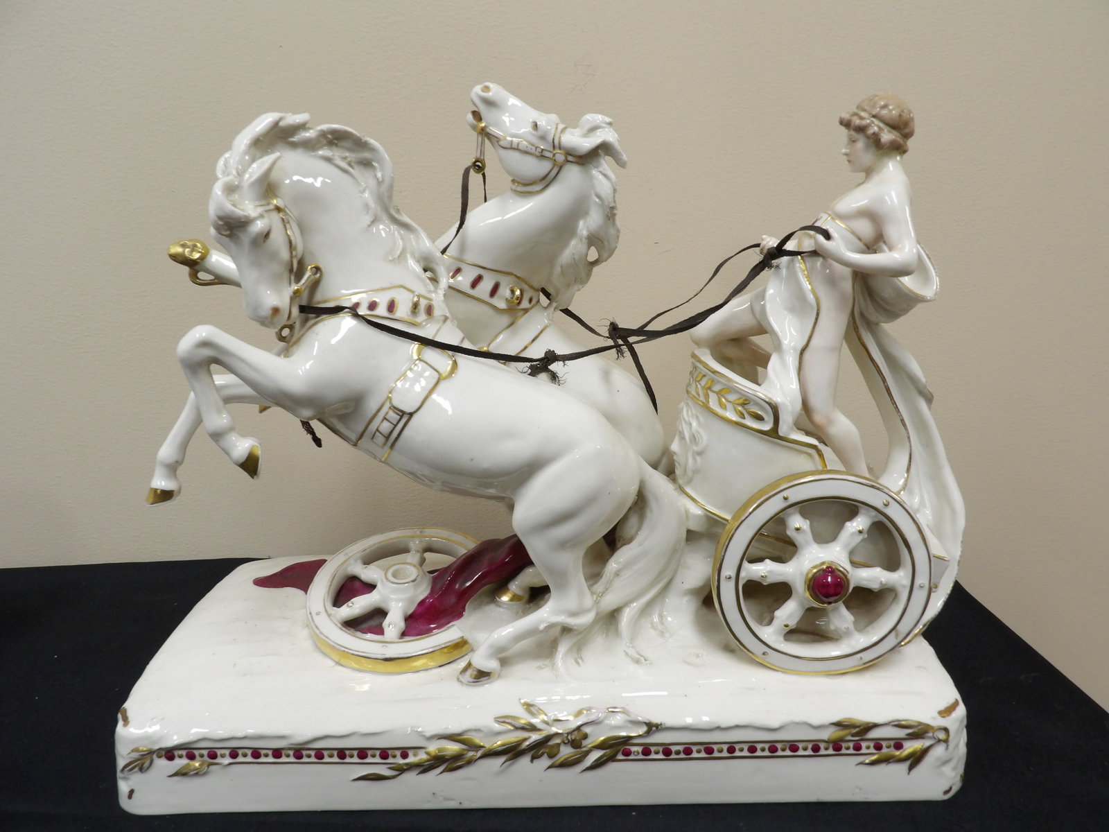 rare large Royal Dux porcelain sculpture of a Roman Chariot with horses and driver: Approx. size is 16.5 x 7 x 13 inches.