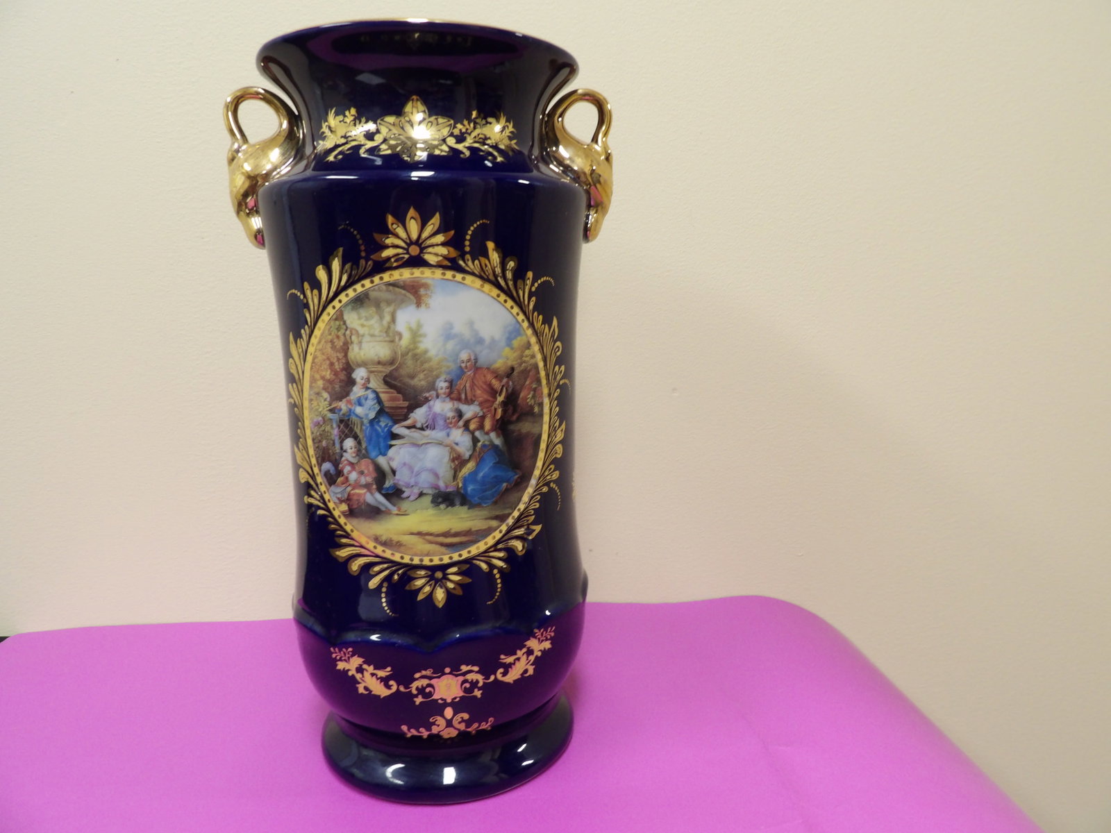 antique Capodimonte hand painted cobalt blue and gold rococo design porcelain vase: 14 inches height. N with crown mark on the bottom.