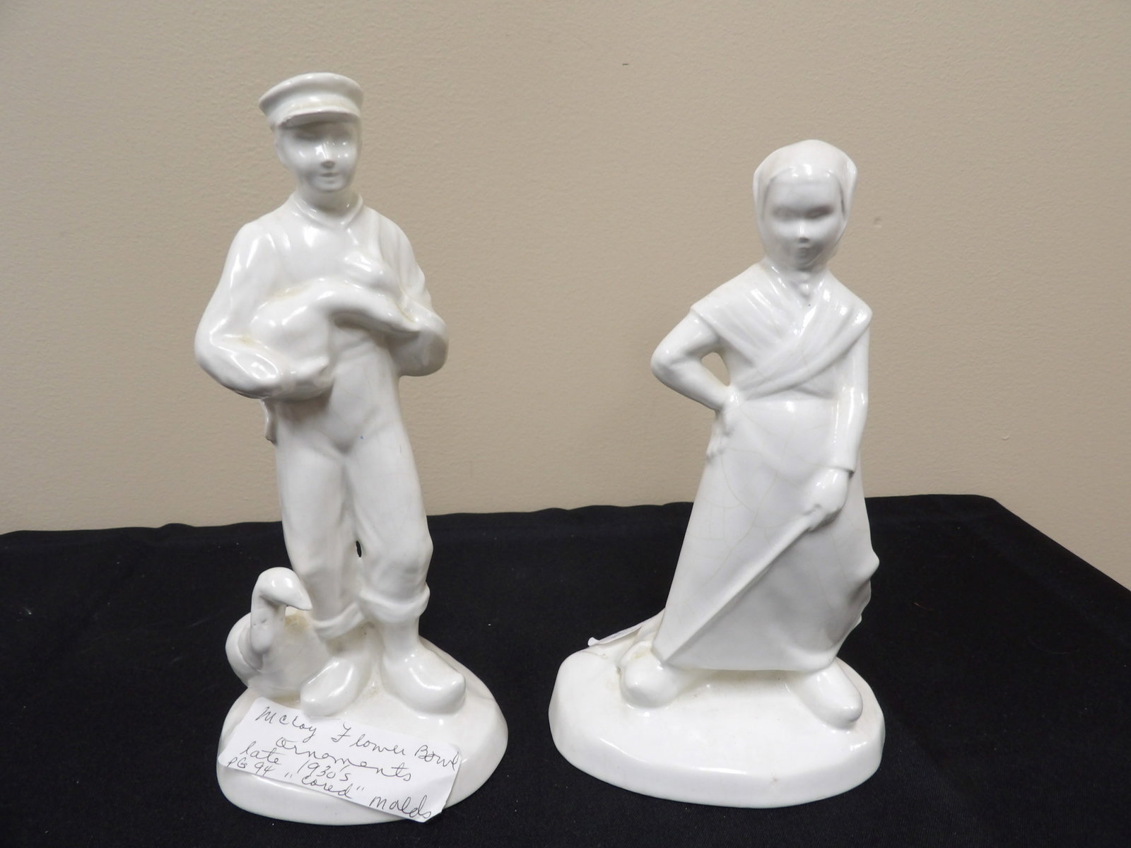 1930s lot of 2 ceramic figurines farm boy and farm girl: Taller one is about 9 inches height.