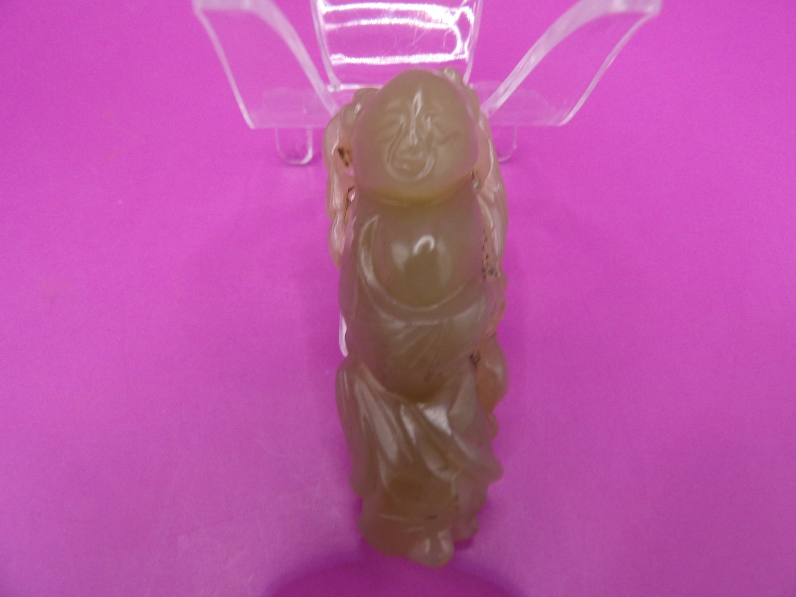 Antique Chinese jade carving of a boy holding lotus leaf: 2.1 inches height. 29 grams.