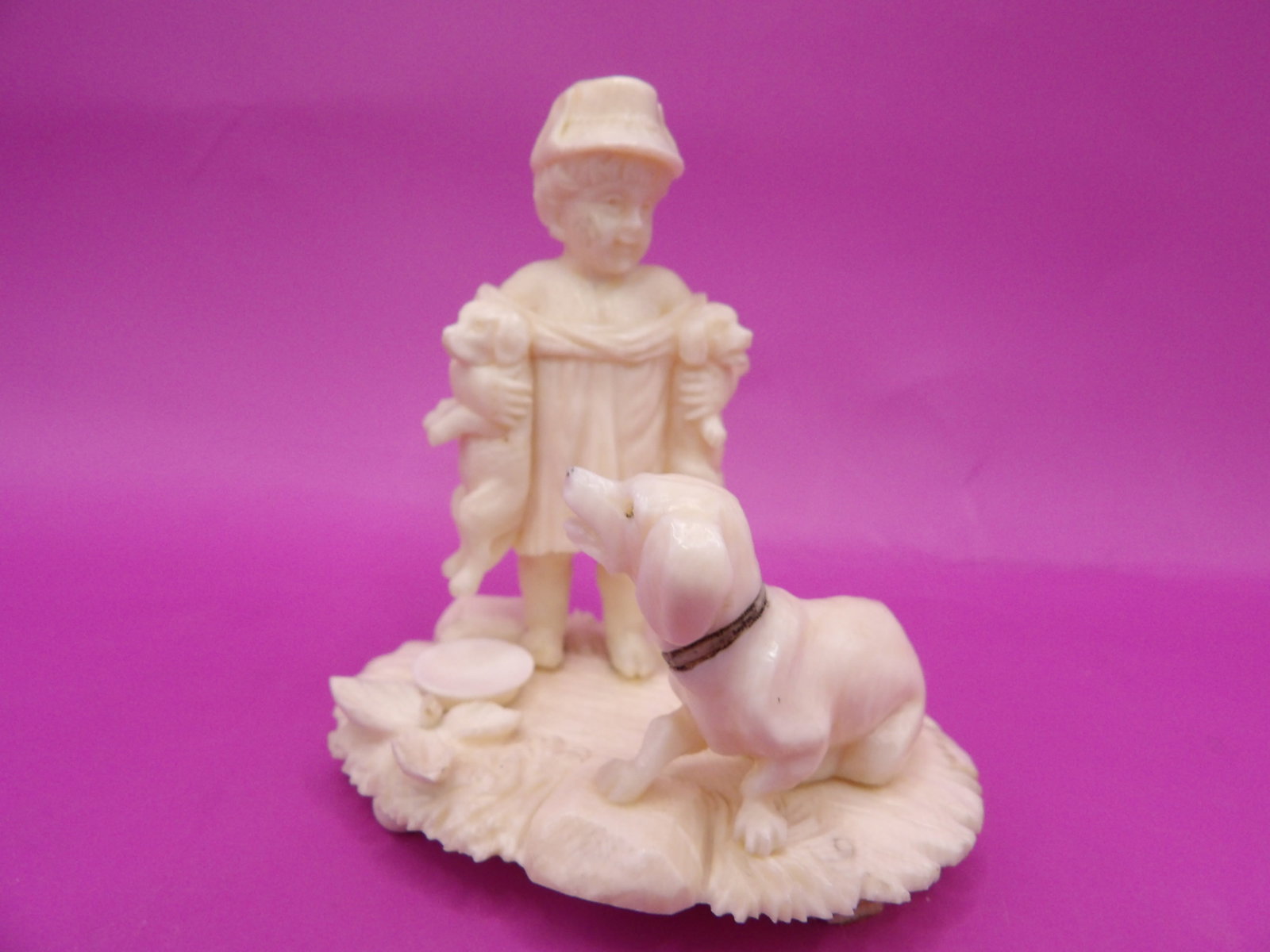 Rare antique fine carving of a boy and 3 dogs - No Export: Over 3 inches height. Bottom has old price tag of 495. No export.