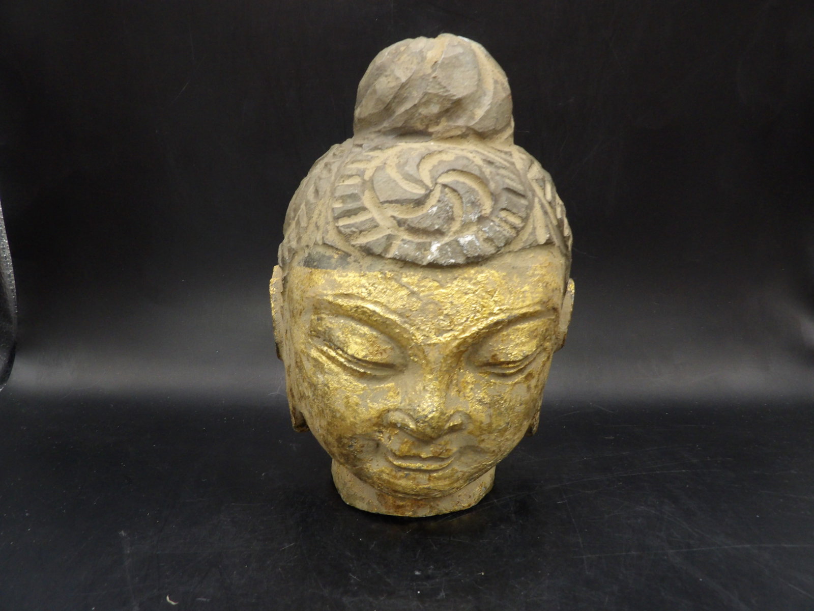 Chinese gold gilt stone buddha head: 7.5 inches height. Bottom has protective film.
