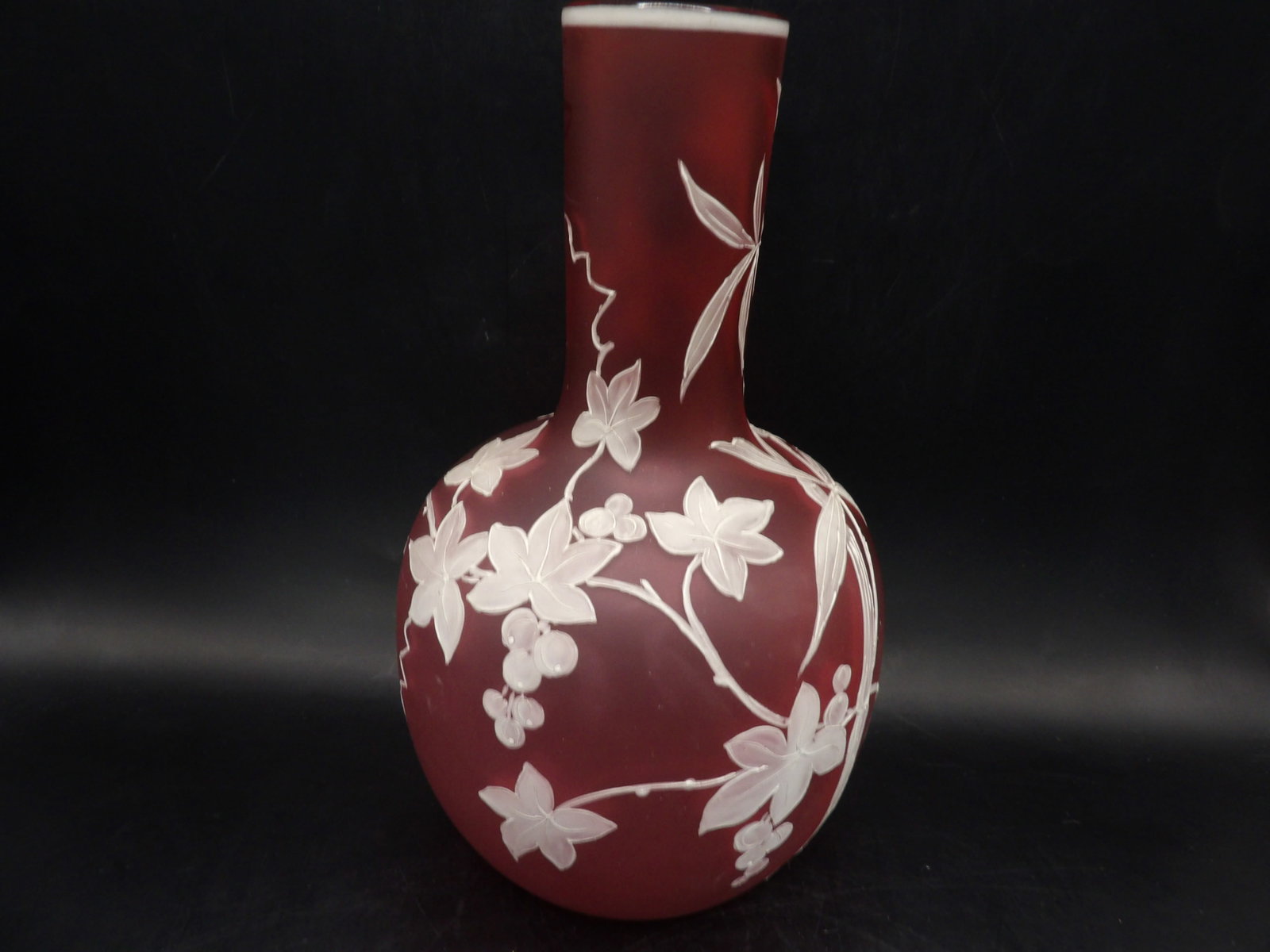 Gorgeous cherry blossom cameo pink glass vase: 8.5 inches height.