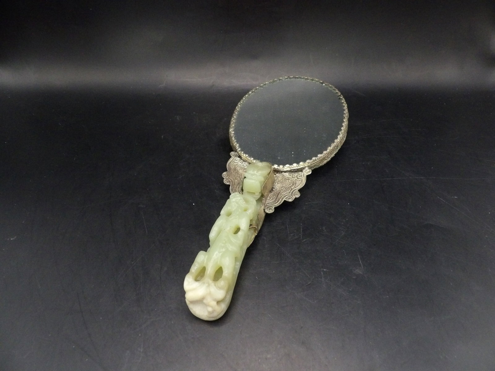 Antique Chinese repousse phoenix mirror with jade dragon belt hook handle: 8.8 inches length. Jade belt hook is 4.2 inches length.