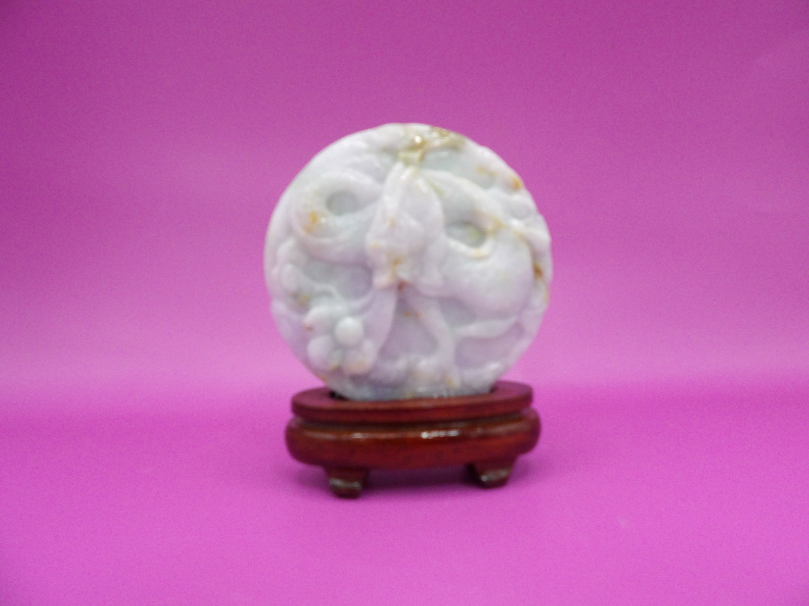 Chinese jadeite jade double sided dragon phoenix carving adhered to wooden base (1 of 5)