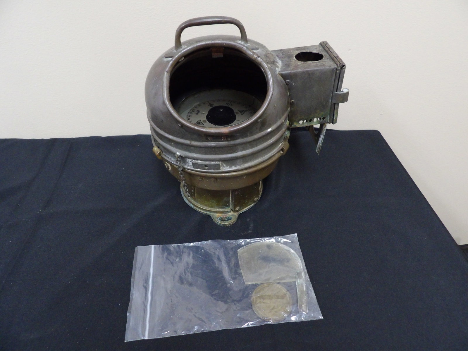 Rare Binnacle ship lantern compass: 10.5 inches height. Working condition. Outer glass lense will need to be replaced and old broken lense is for reference.
